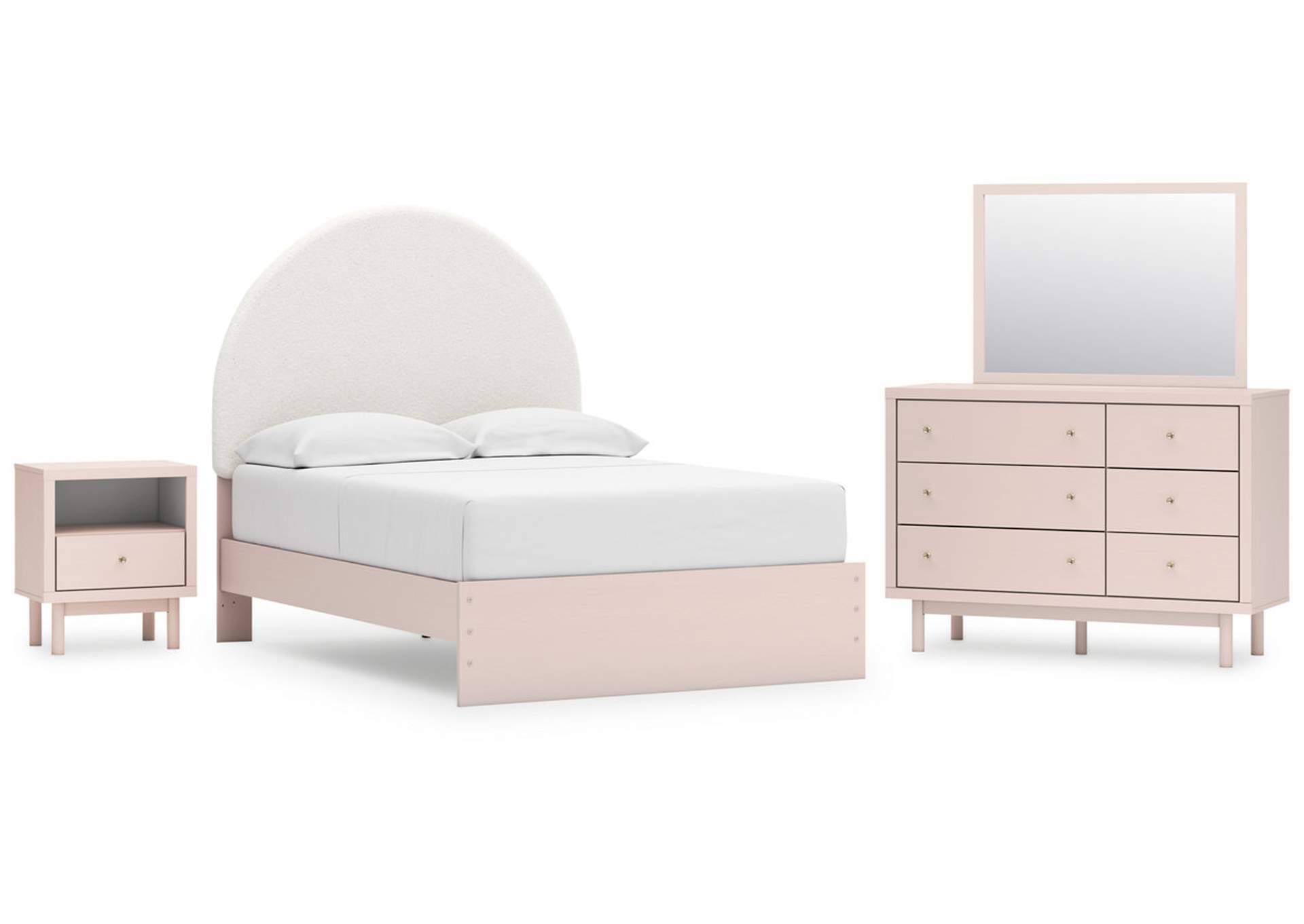 Wistenpine Full Upholstered Panel Bed with Mirrored Dresser and Nightstand image 1