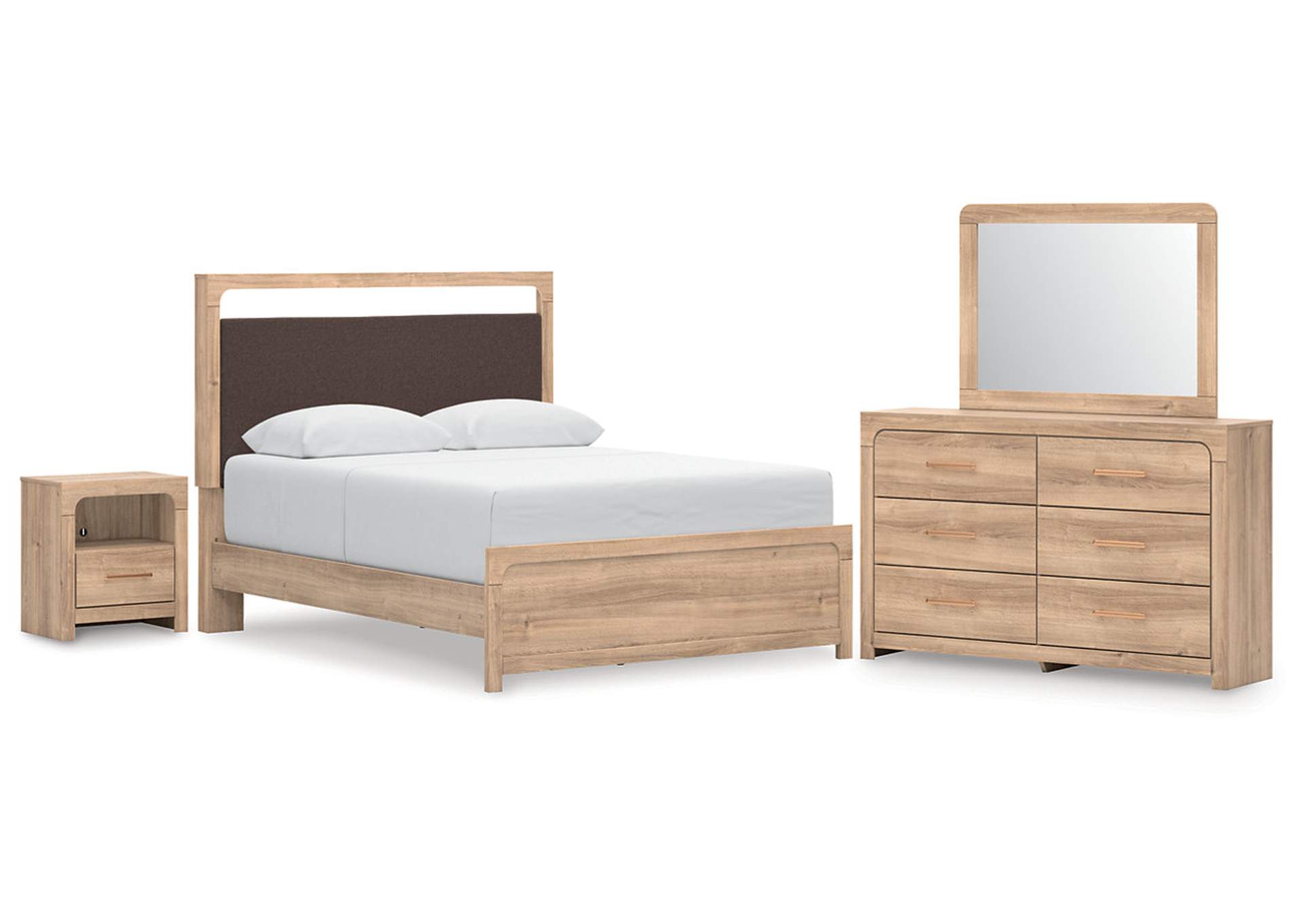 Hollymount Queen Upholstered Platform Bed, Dresser, Mirror and Nightstand image 1