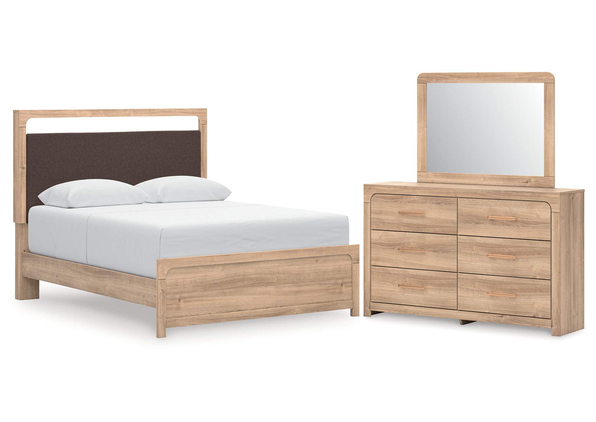 Hollymount Queen Upholstered Platform Bed, Dresser and Mirror image 1