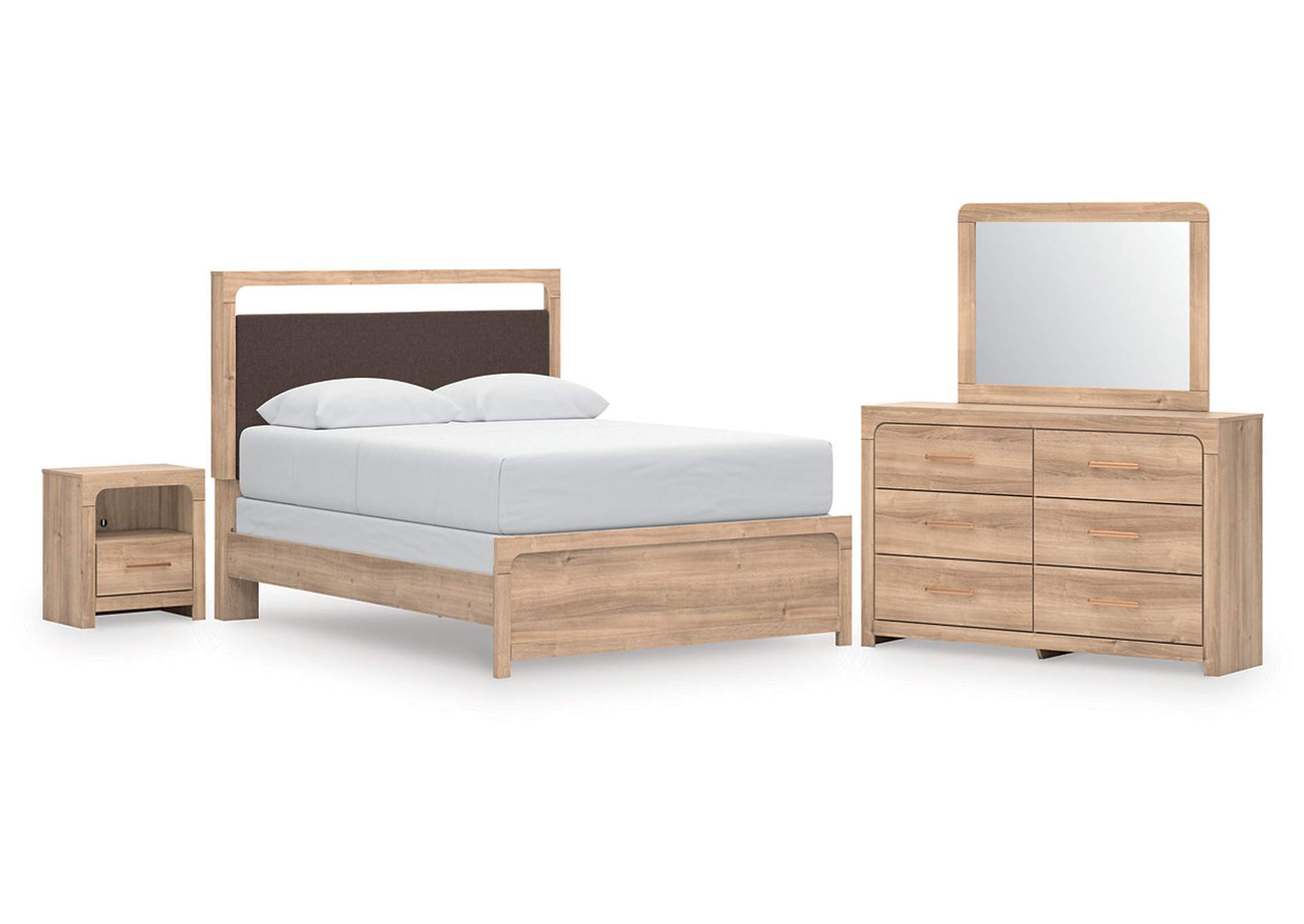 Hollymount Queen Upholstered Panel Bed, Dresser, Mirror and Nightstand image 1