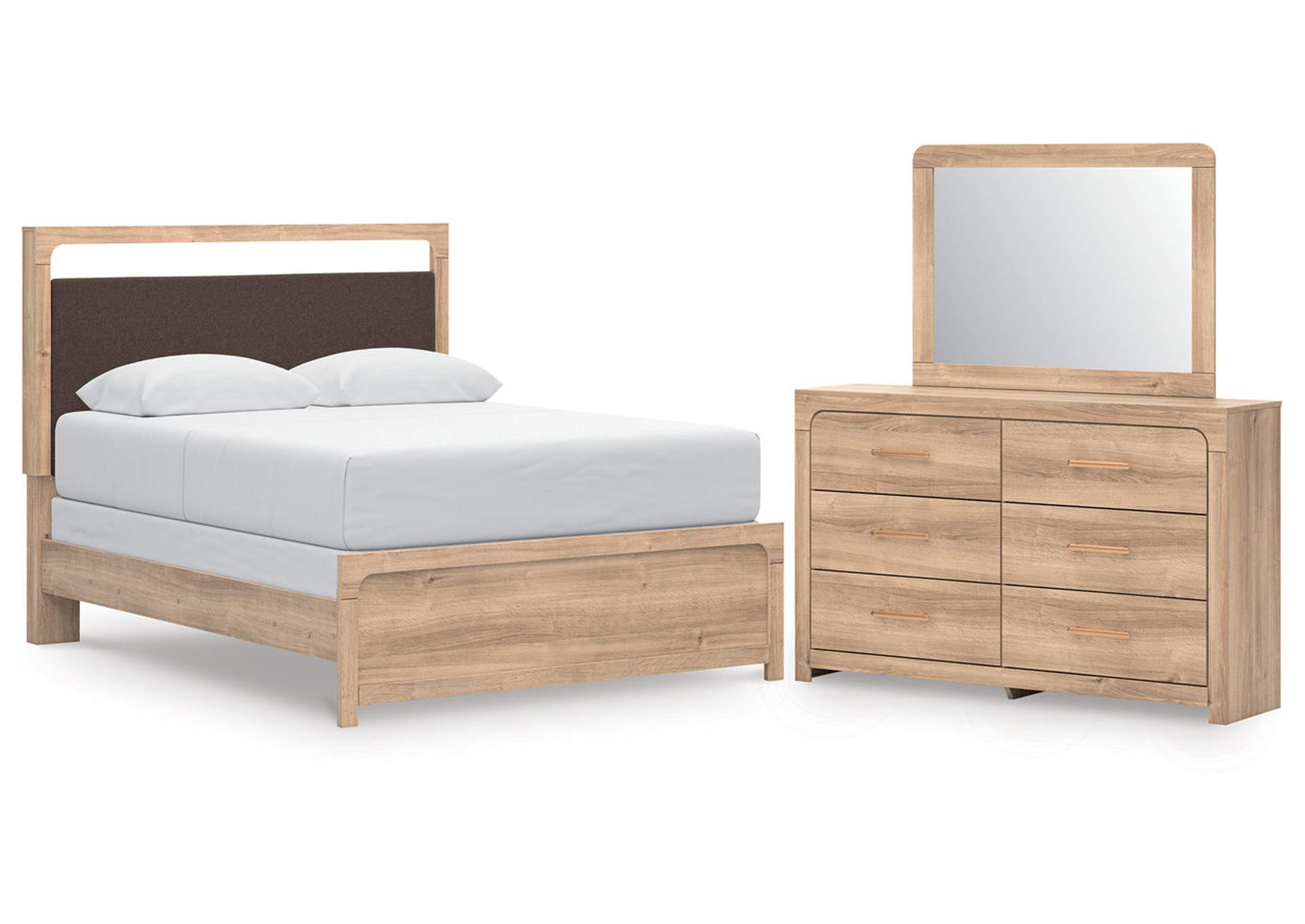 Hollymount Queen Upholstered Panel Bed, Dresser and Mirror image 1