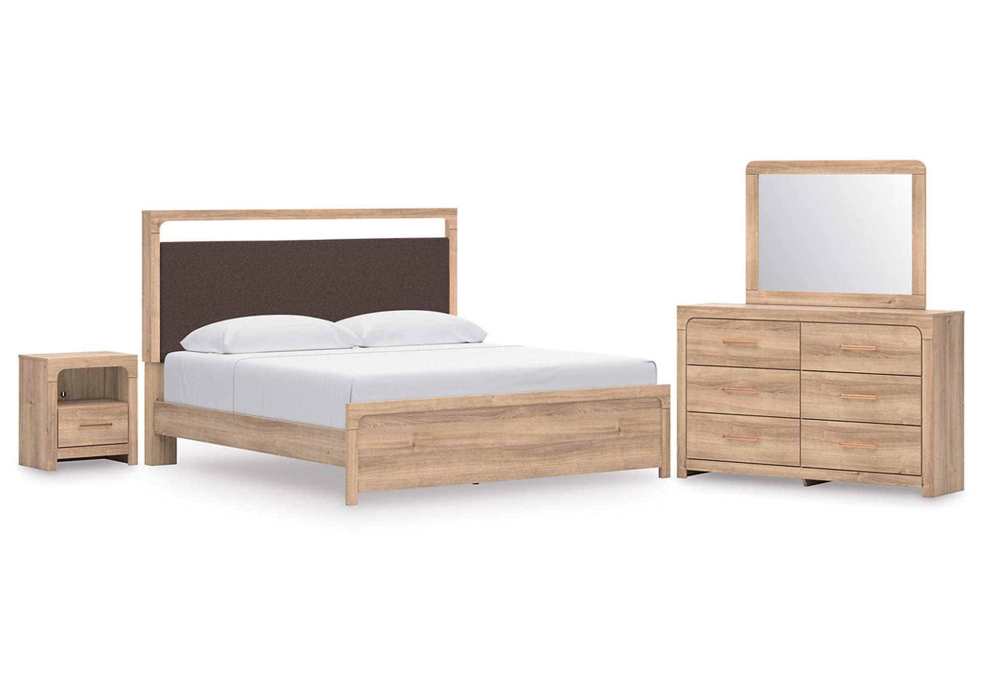 Hollymount King Upholstered Platform Bed, Dresser, Mirror and Nightstand image 1