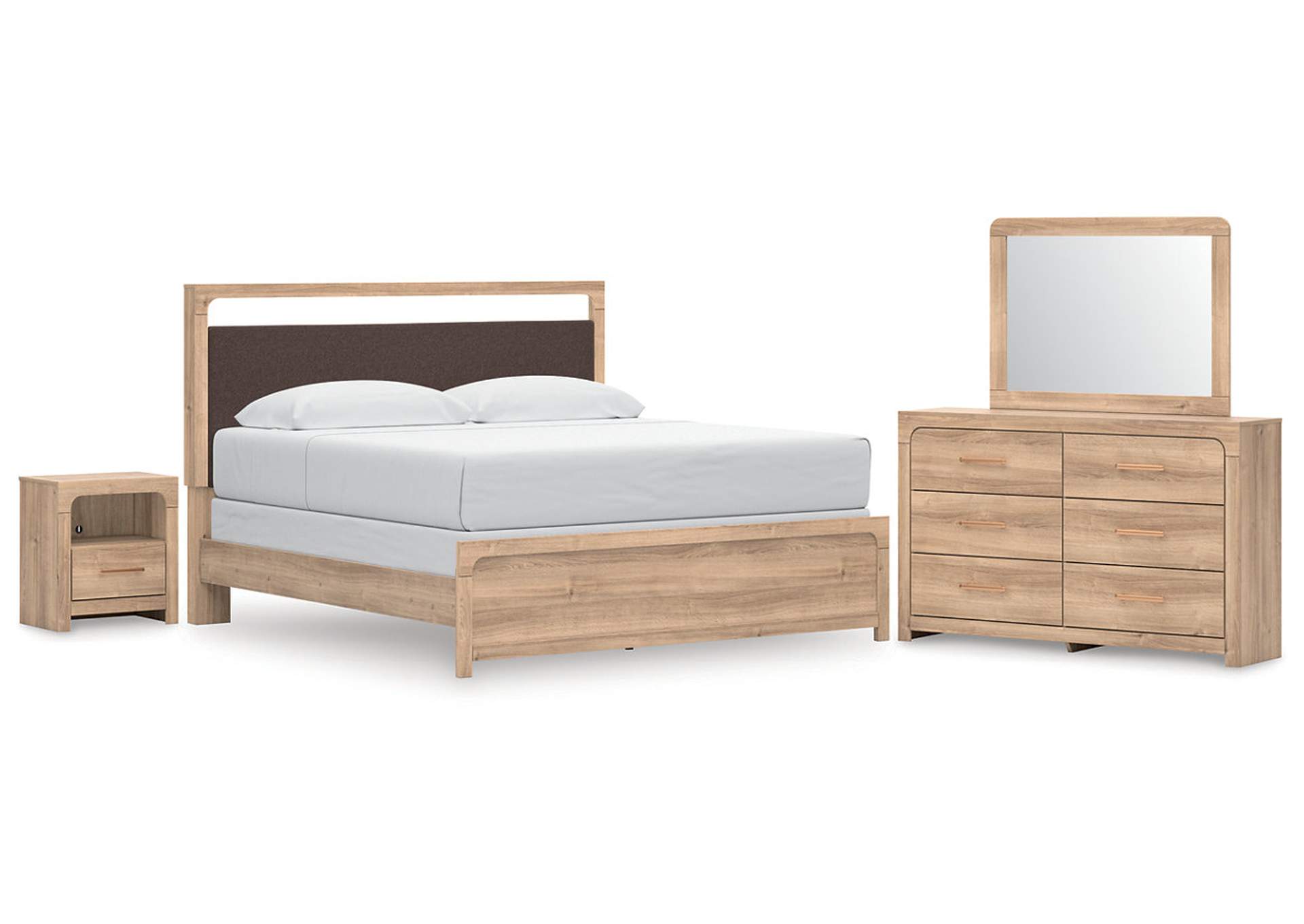 Hollymount King Upholstered Panel Bed, Dresser, Mirror and Nightstand image 1