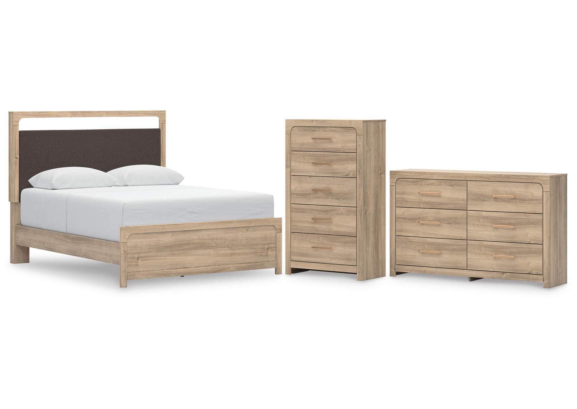 Hollymount Queen Upholstered Platform Bed, Dresser and Chest image 1