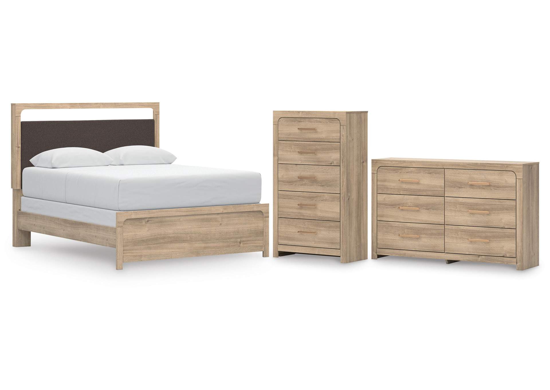 Hollymount Queen Upholstered Panel Bed, Dresser and Chest image 1