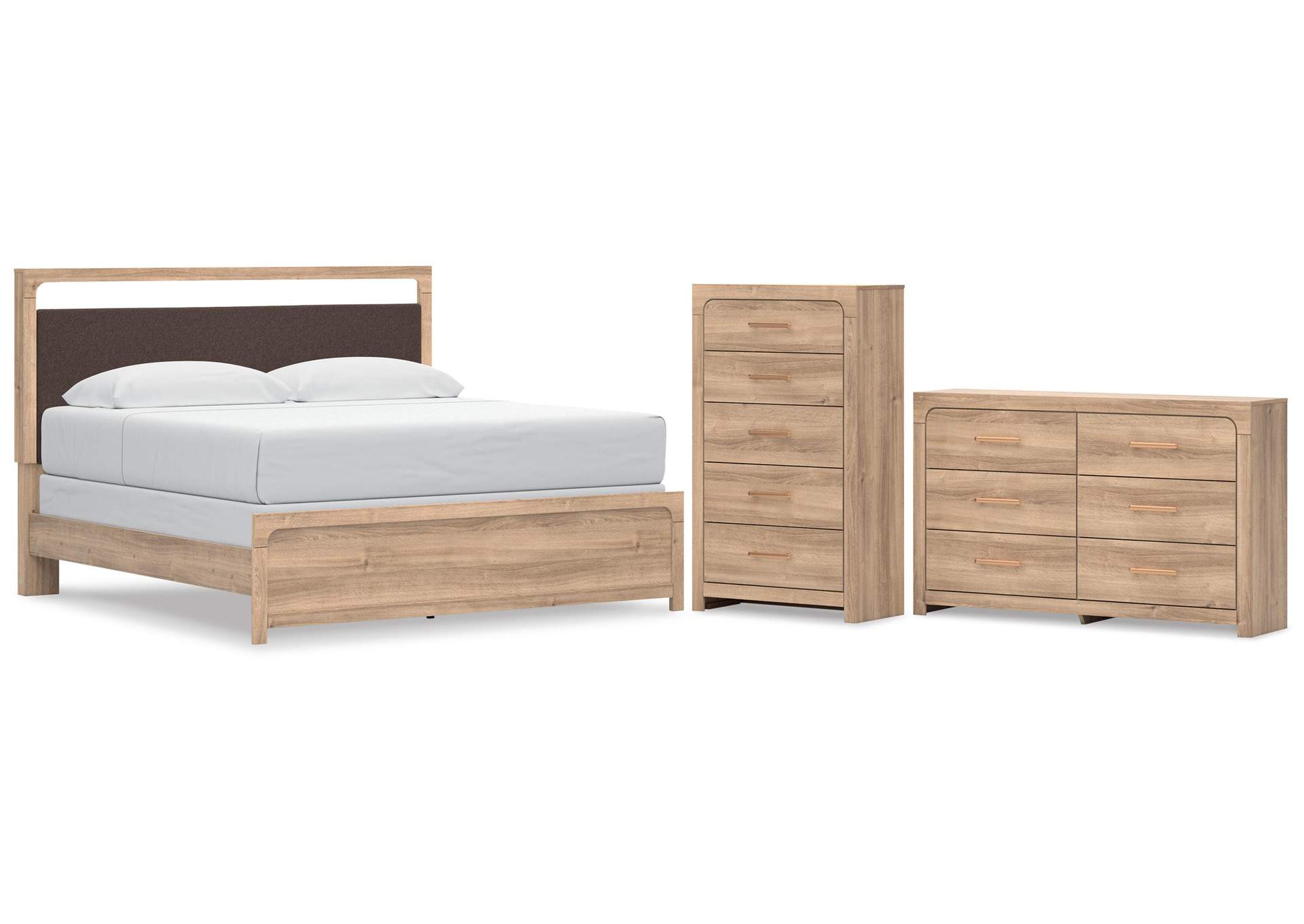 Hollymount King Upholstered Panel Bed, Dresser and Chest image 1