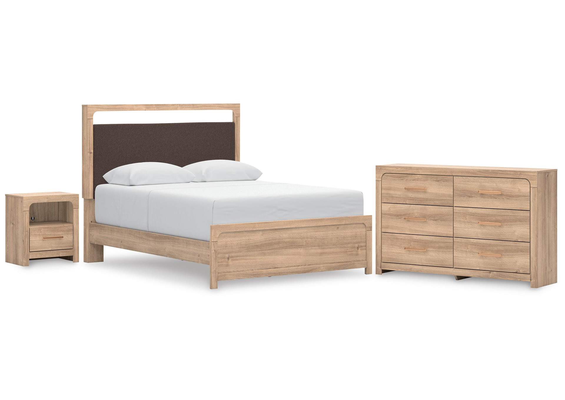 Hollymount Queen Upholstered Platform Bed, Dresser and Nightstand image 1