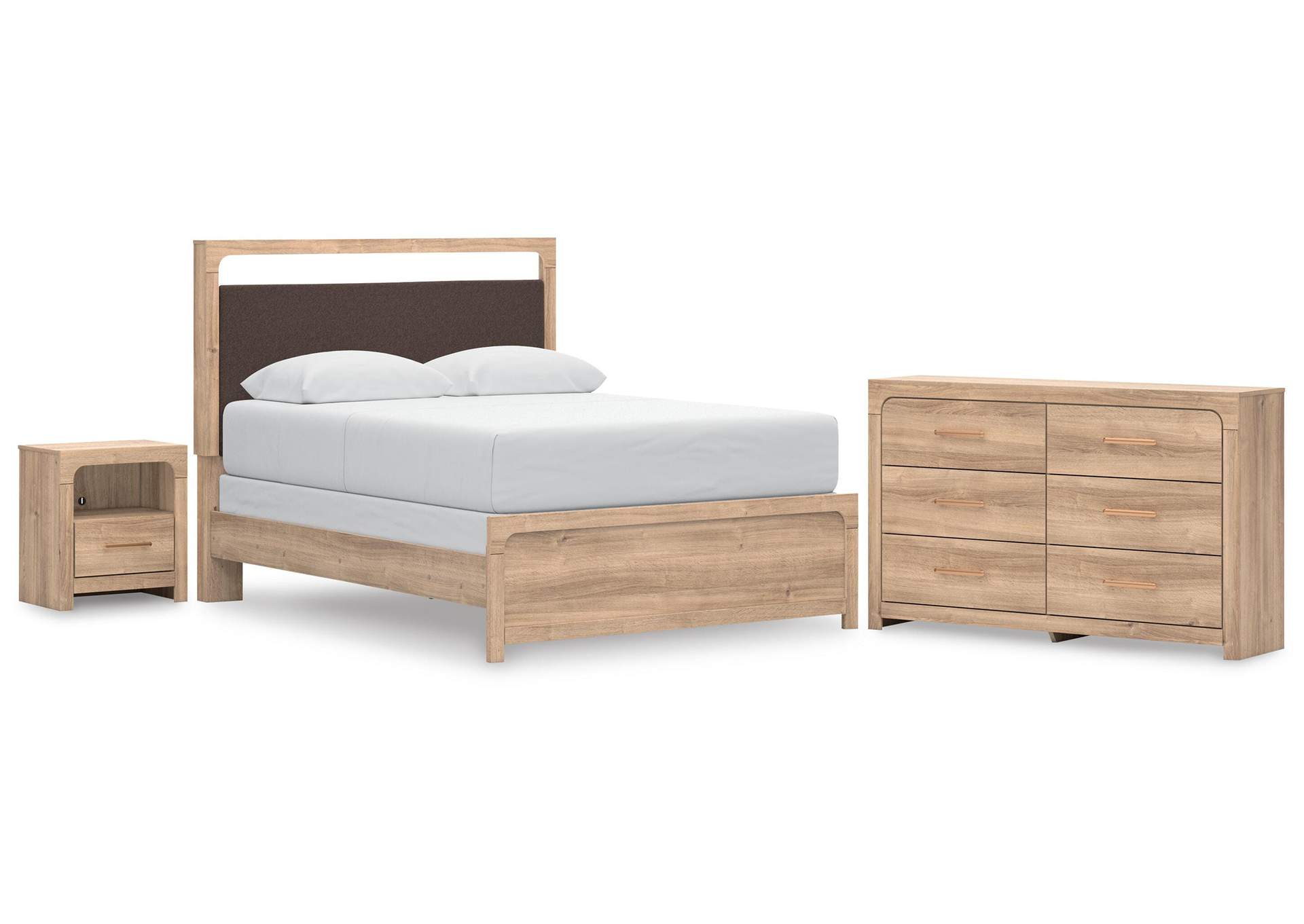 Hollymount Queen Upholstered Panel Bed, Dresser and Nightstand image 1