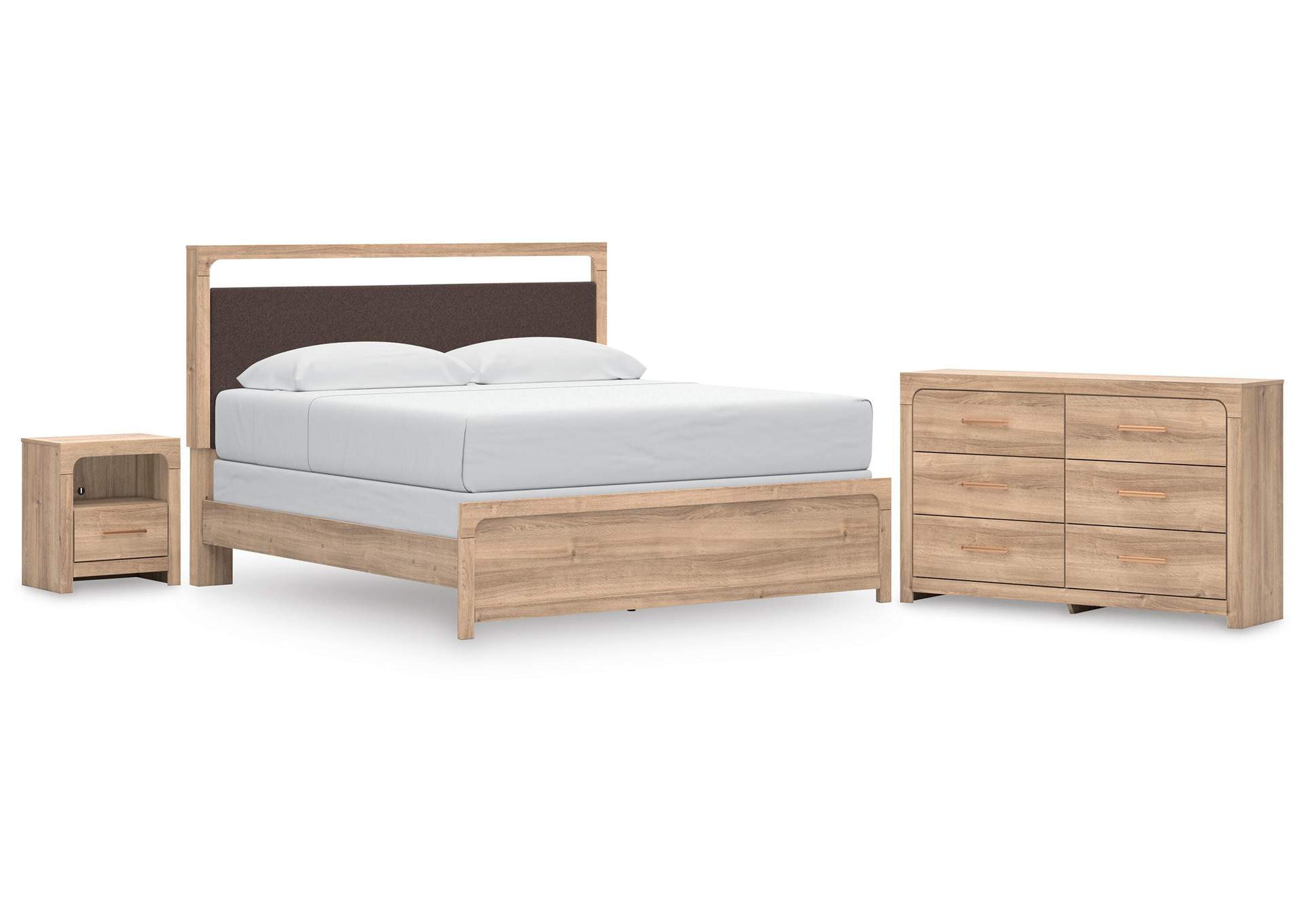 Hollymount King Upholstered Panel Bed, Dresser and Nightstand image 1