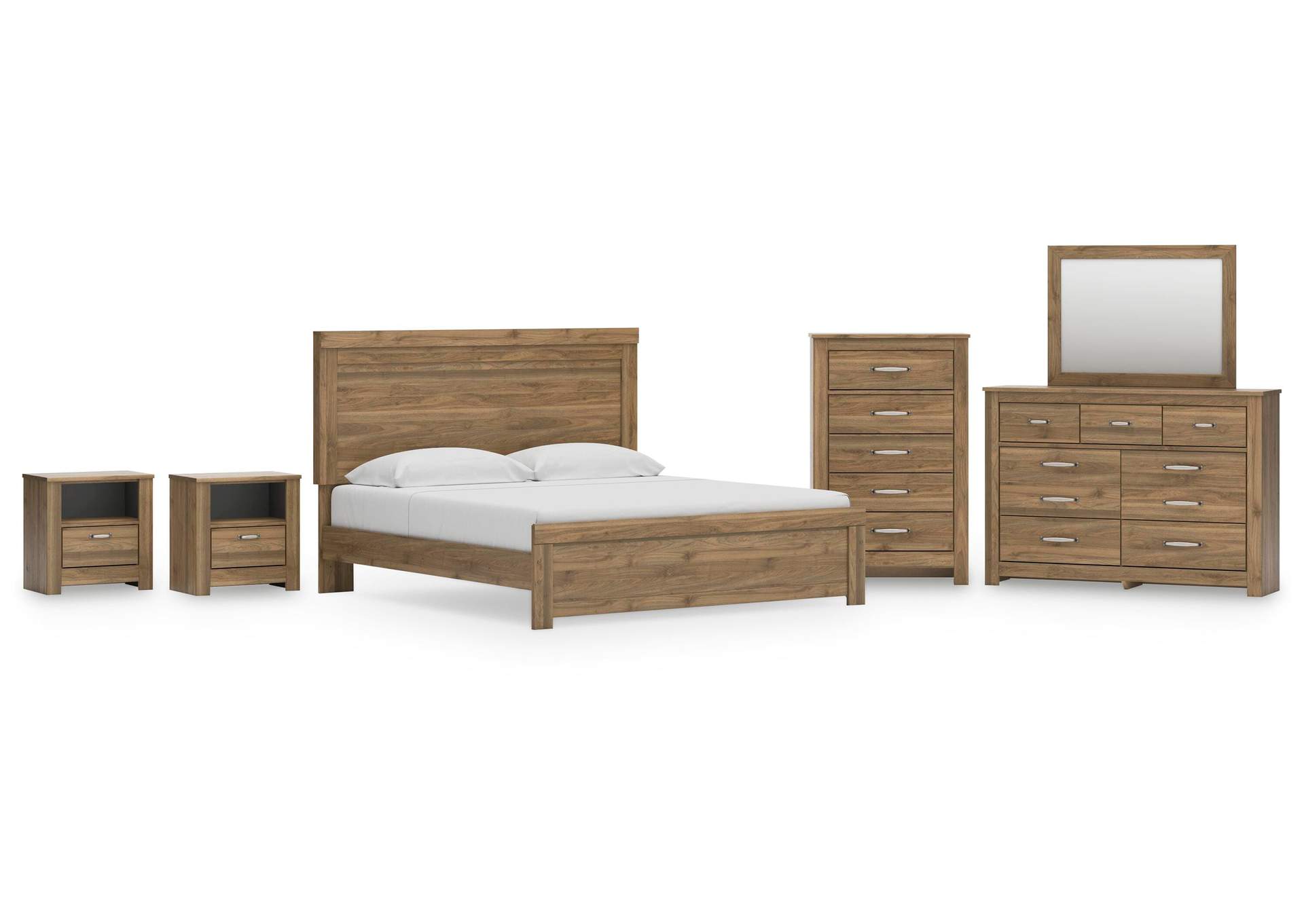 Zanbrook King Panel Bed with Mirrored Dresser, Chest and 2 Nightstands image 1
