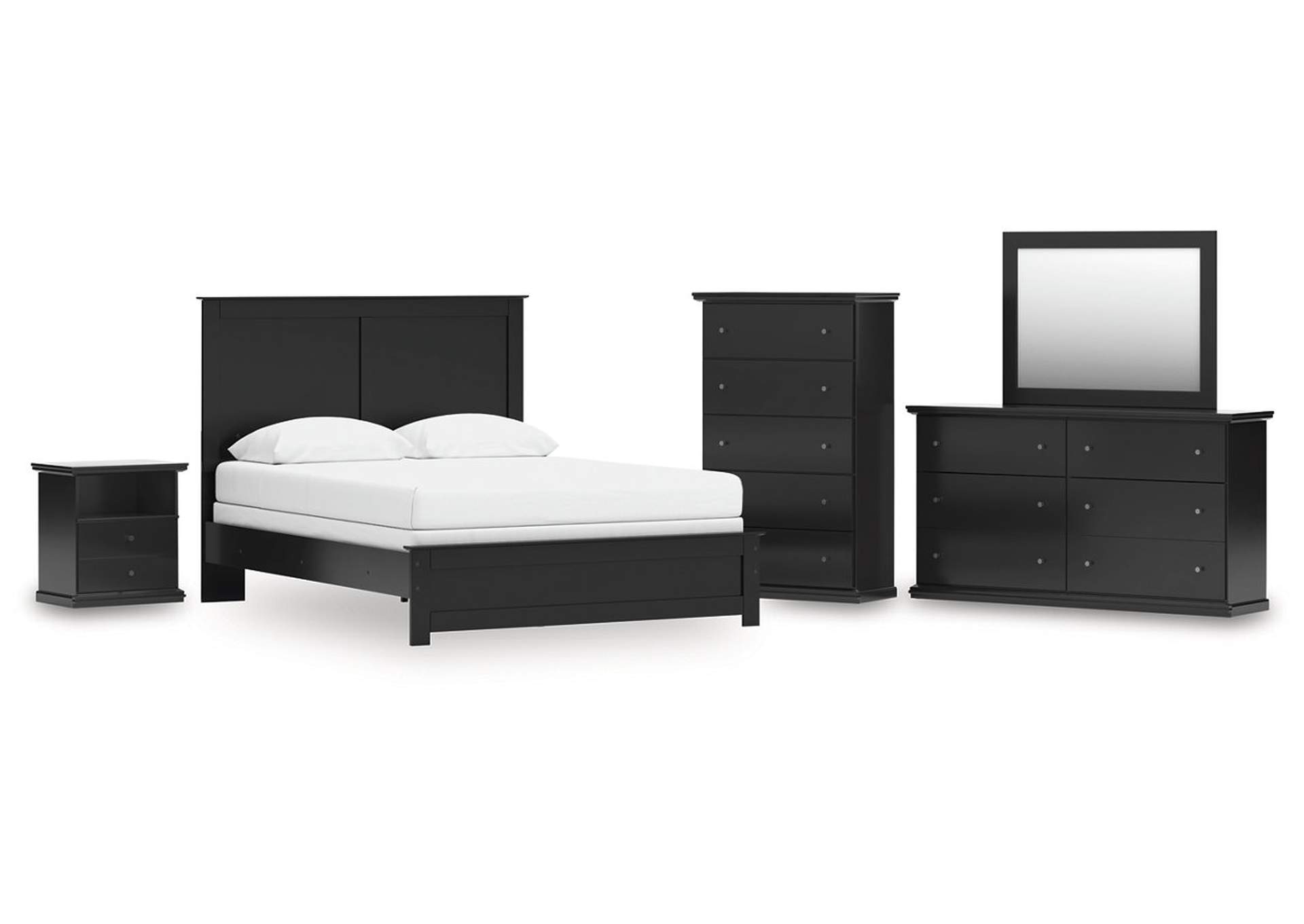 Maribel Queen Panel Bed with Mirrored Dresser, Chest and Nightstand