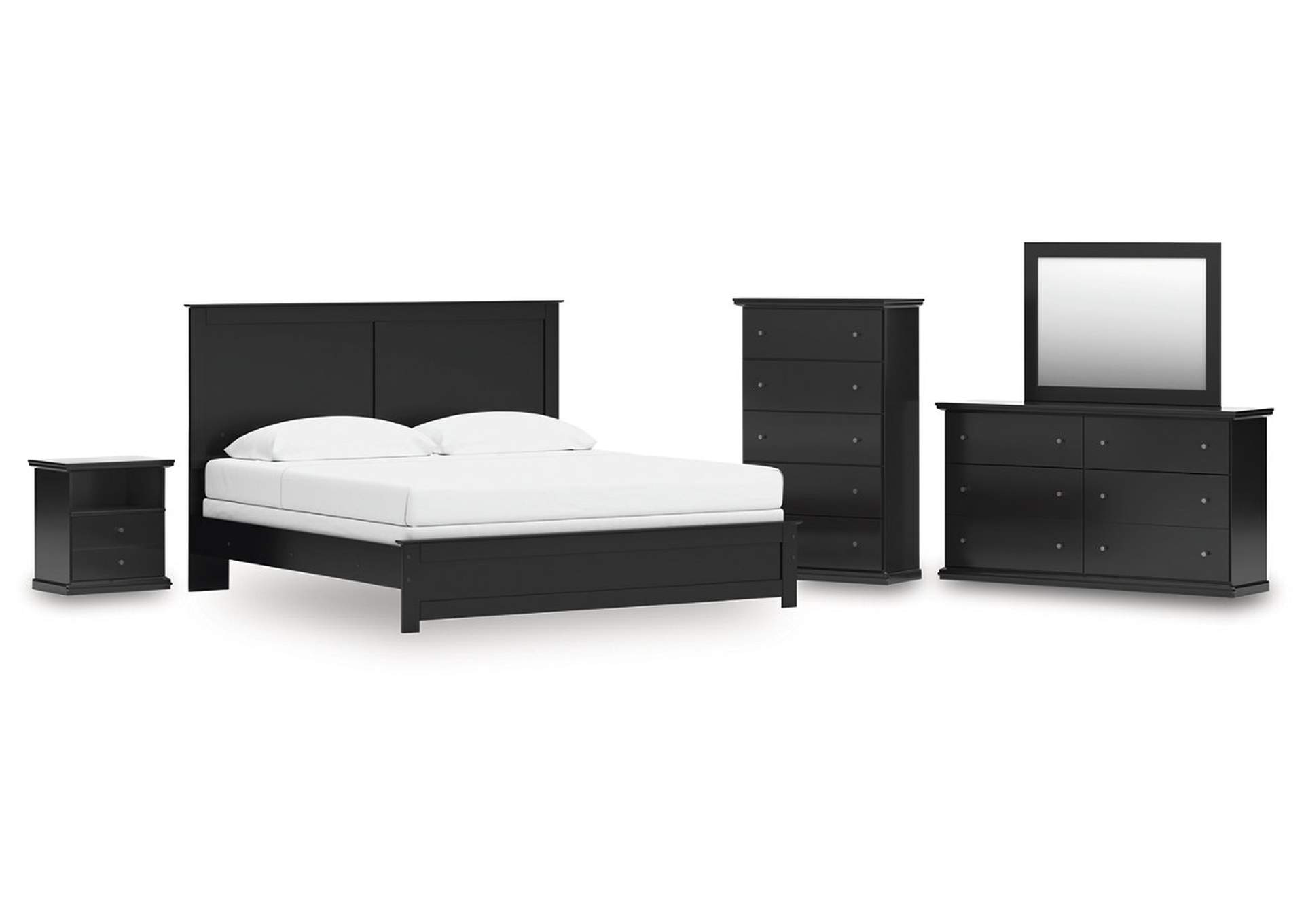 Maribel King Panel Bed with Mirrored Dresser, Chest and Nightstand image 1