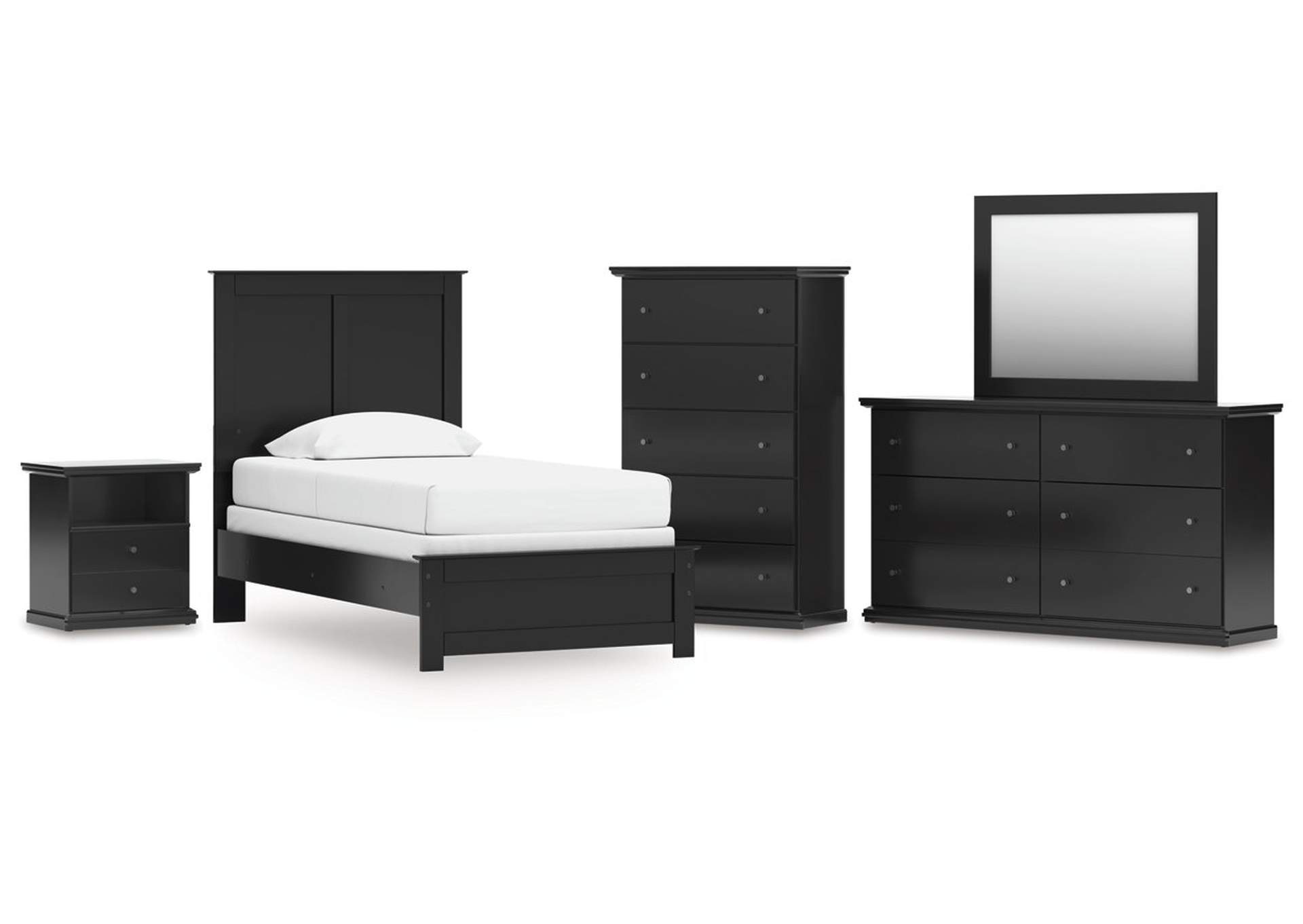 Maribel Twin Panel Bed with Mirrored Dresser, Chest and Nightstand image 1