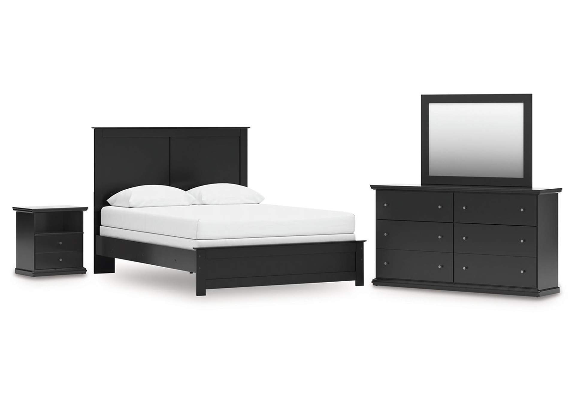 Maribel Queen Panel Bed with Mirrored Dresser and Nightstand