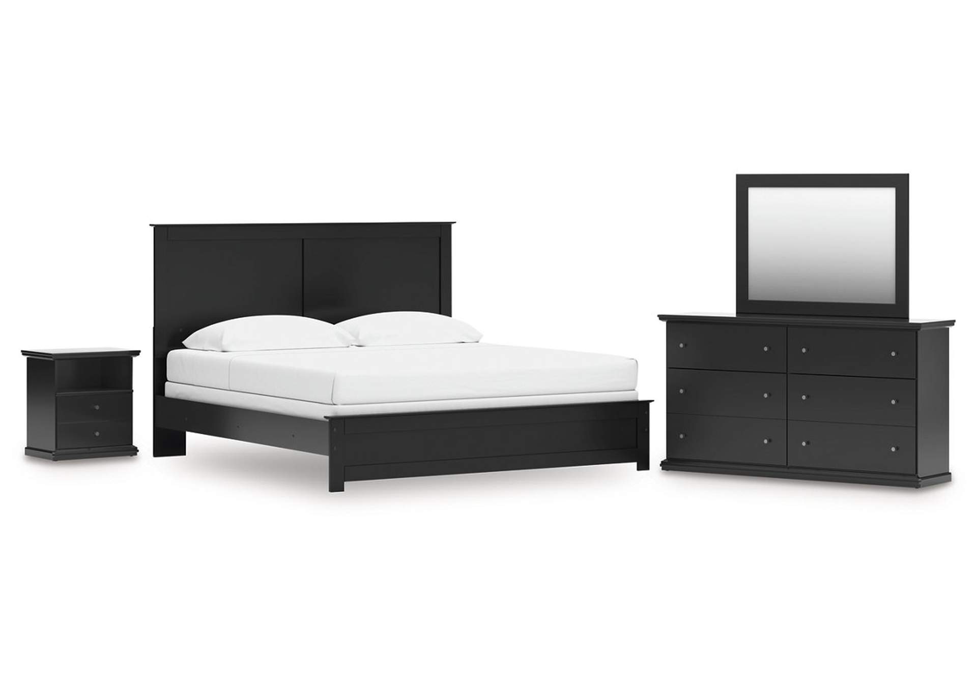 Maribel King Panel Bed with Mirrored Dresser and Nightstand