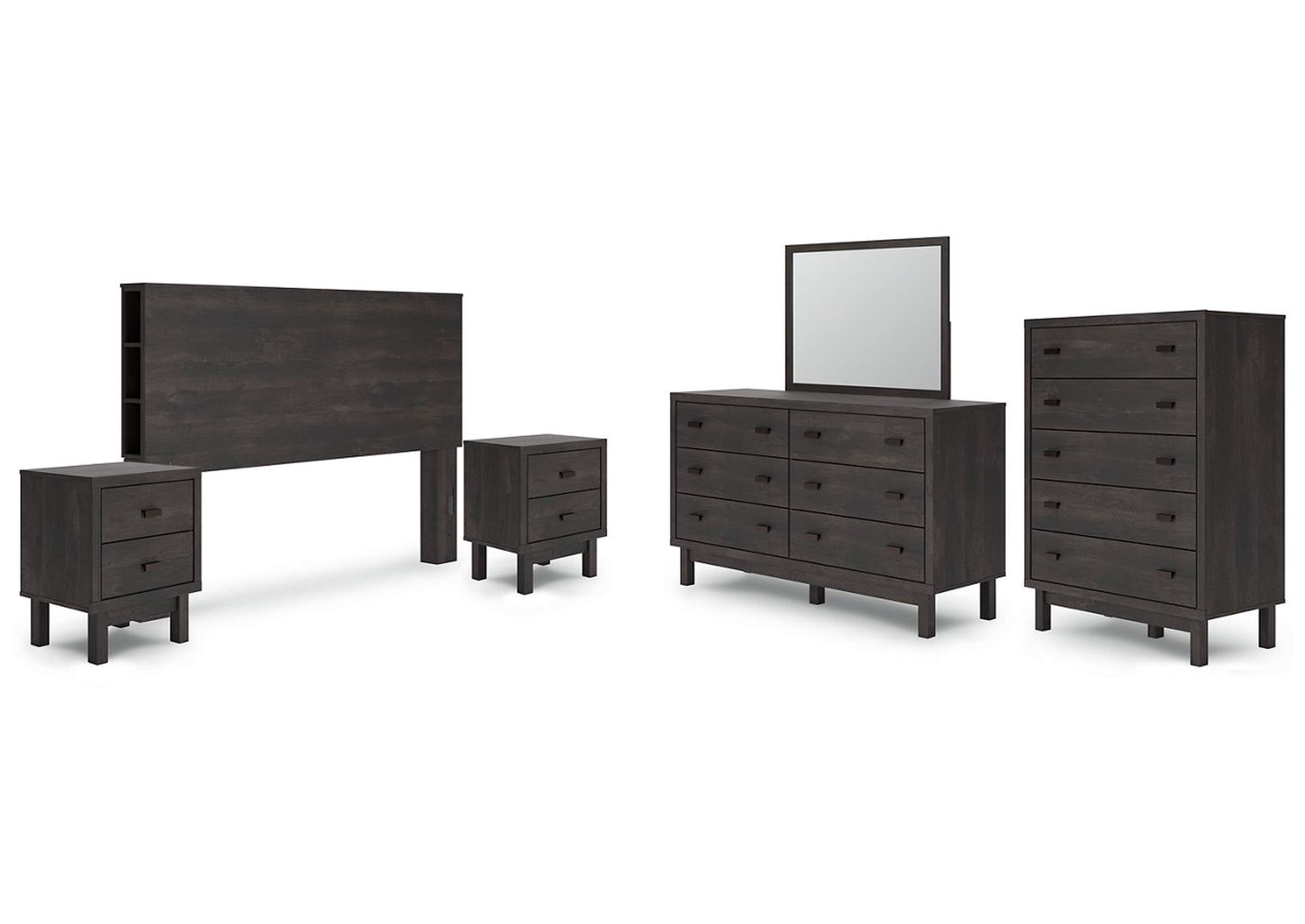 Toretto King Bookcase Headboard with Mirrored Dresser, Chest and 2