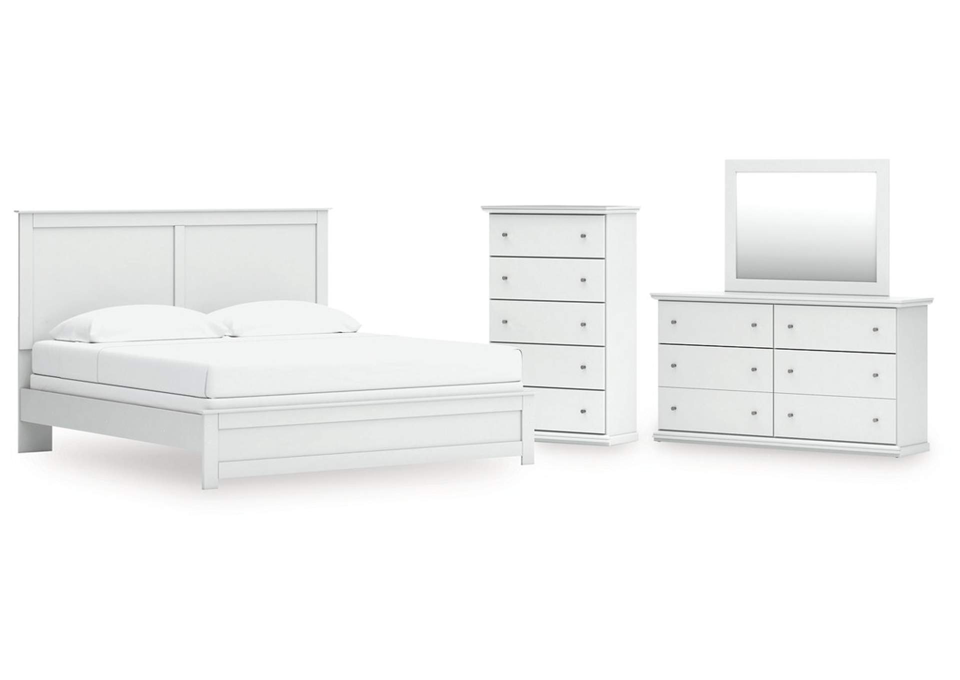 Bostwick Shoals King Panel Bed with Mirrored Dresser and Chest