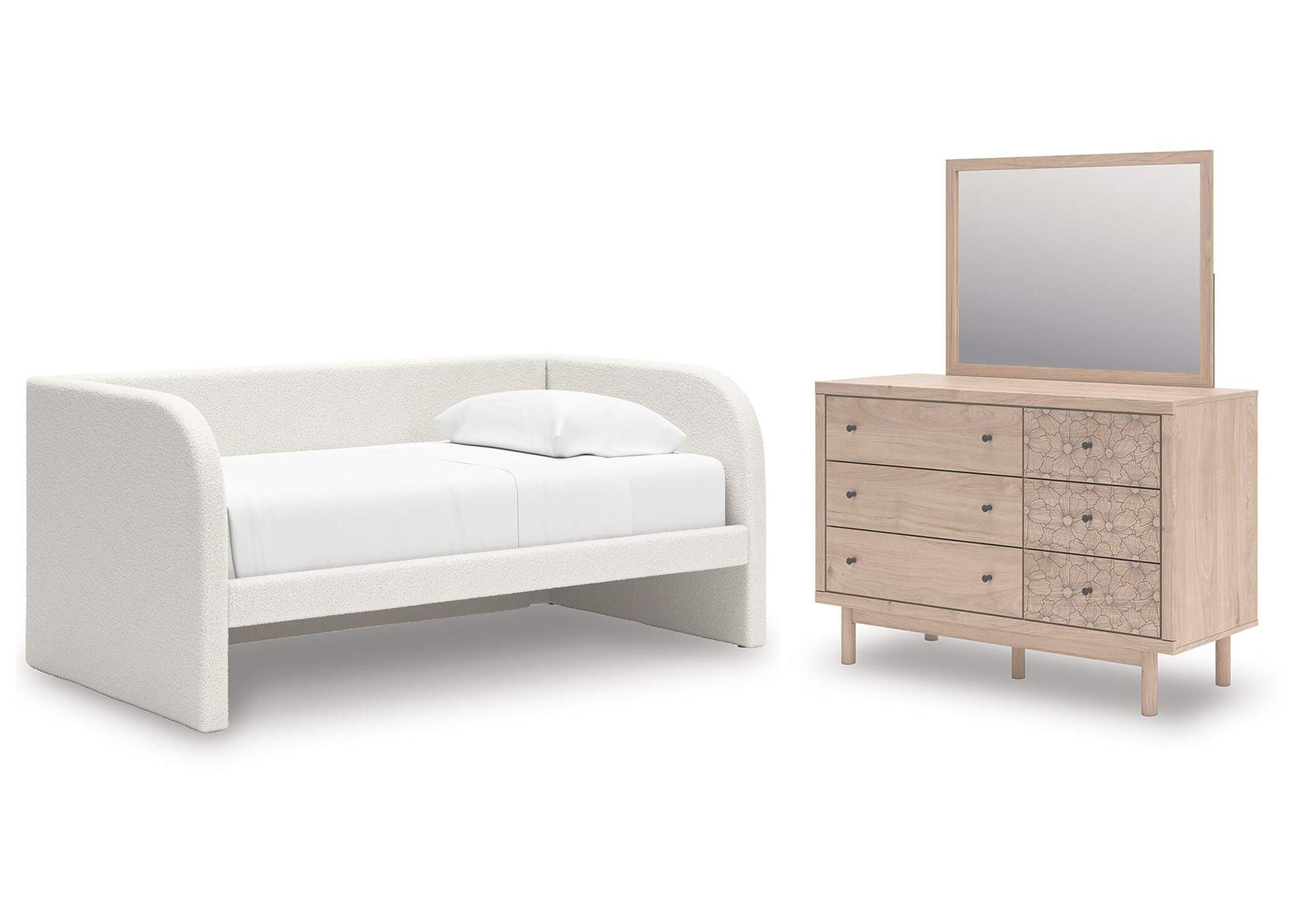 Arloster Twin Upholstered Day Bed, Dresser and Mirror image 1