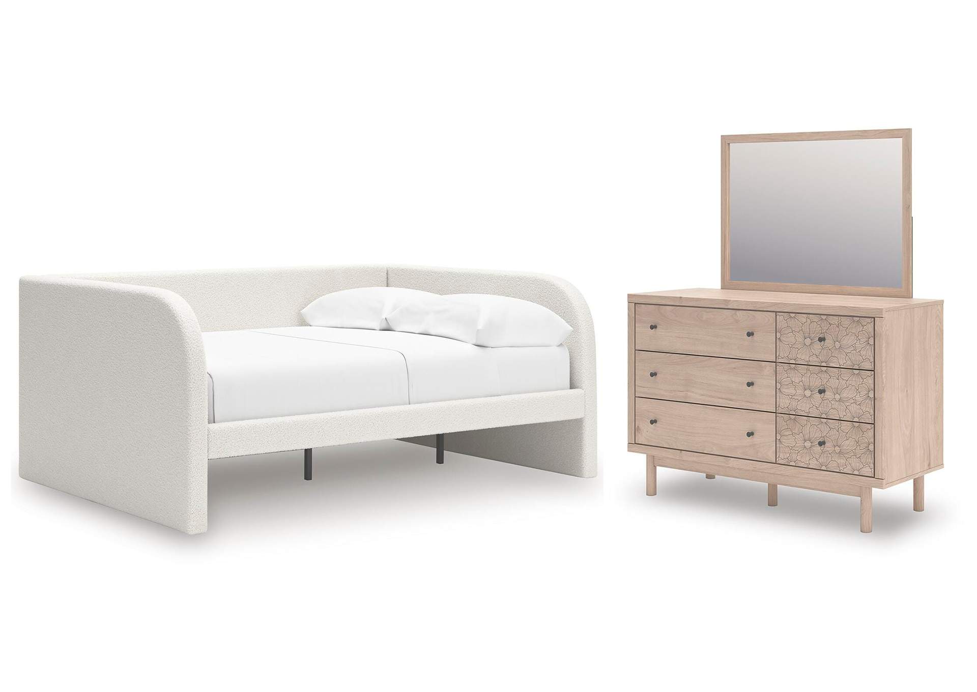 Arloster Full Upholstered Day Bed, Dresser and Mirror image 1