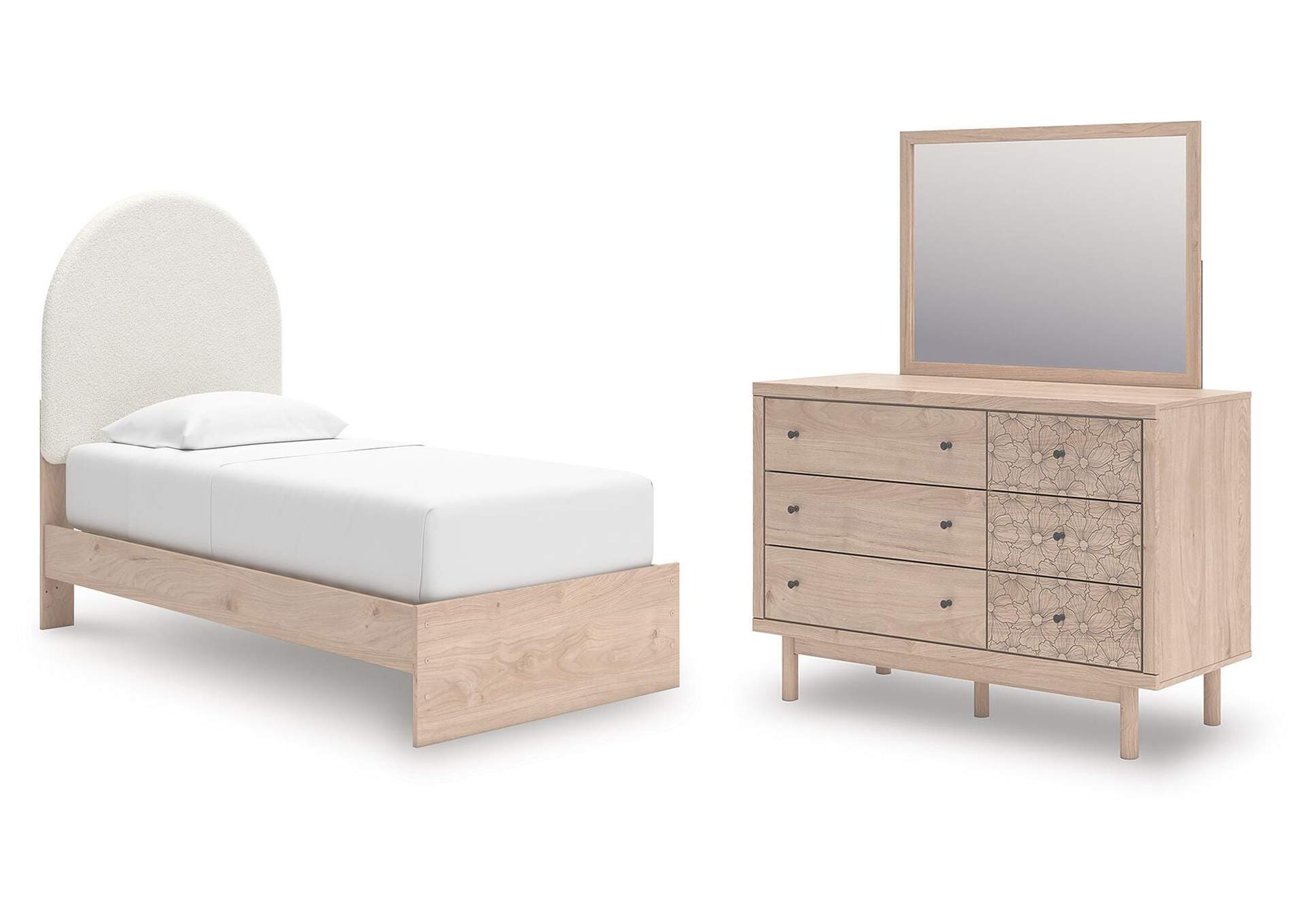 Arloster Twin Upholstered Panel Bed, Dresser and Mirror image 1