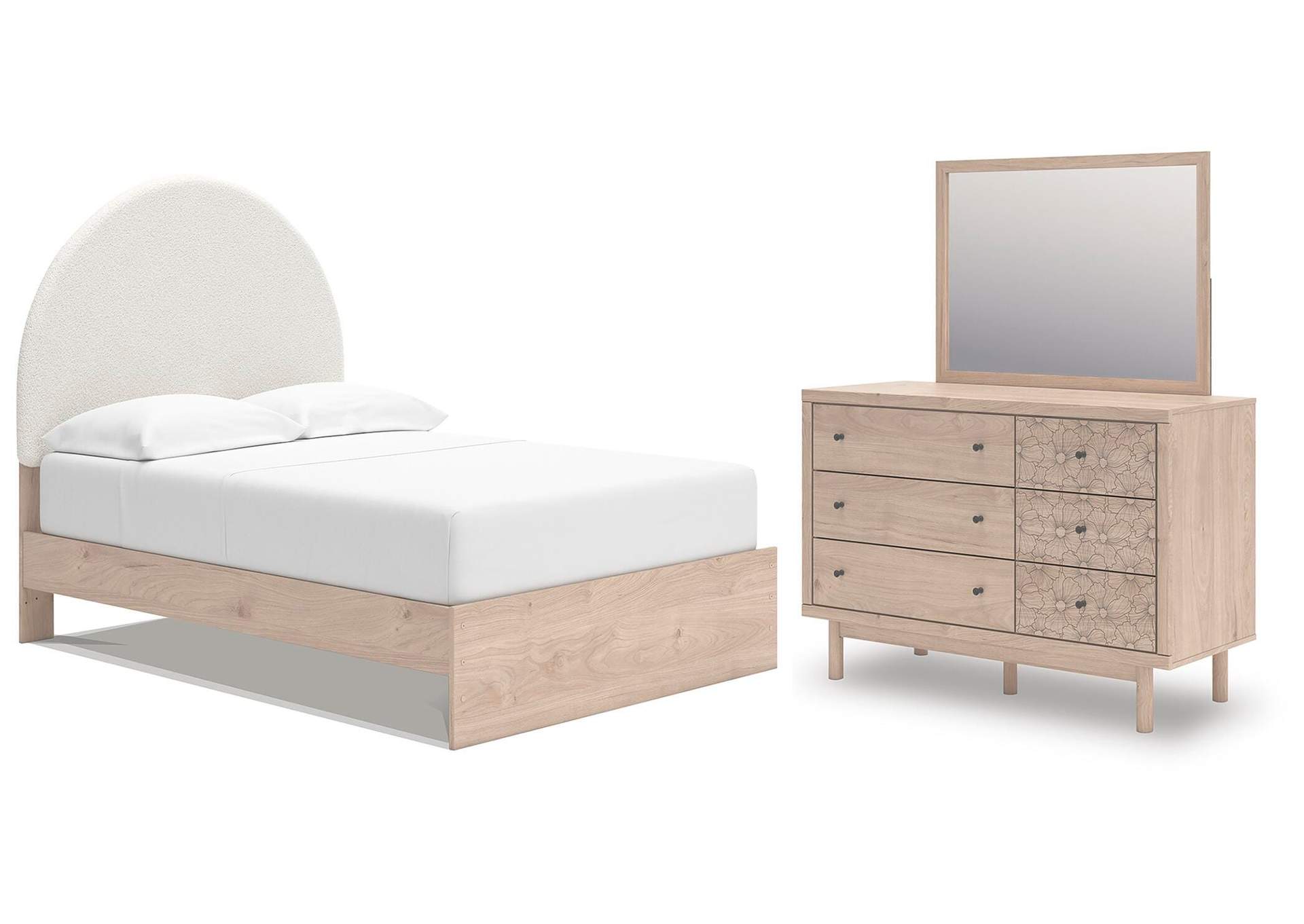 Arloster Full Upholstered Panel Bed, Dresser and Mirror image 1
