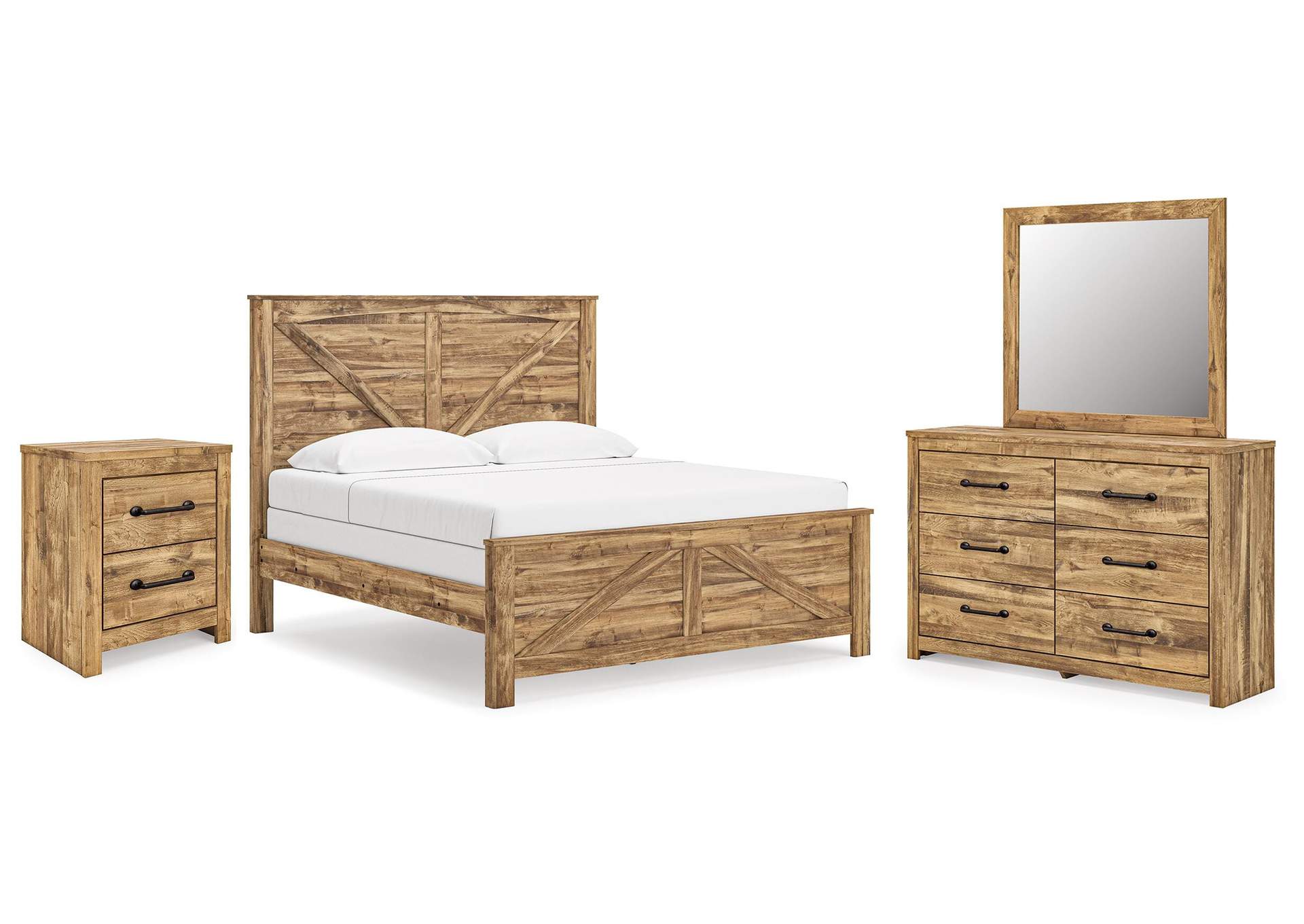 Maystonna King Crossbuck Panel Bed, Dresser, Mirror and Nightstand image 1