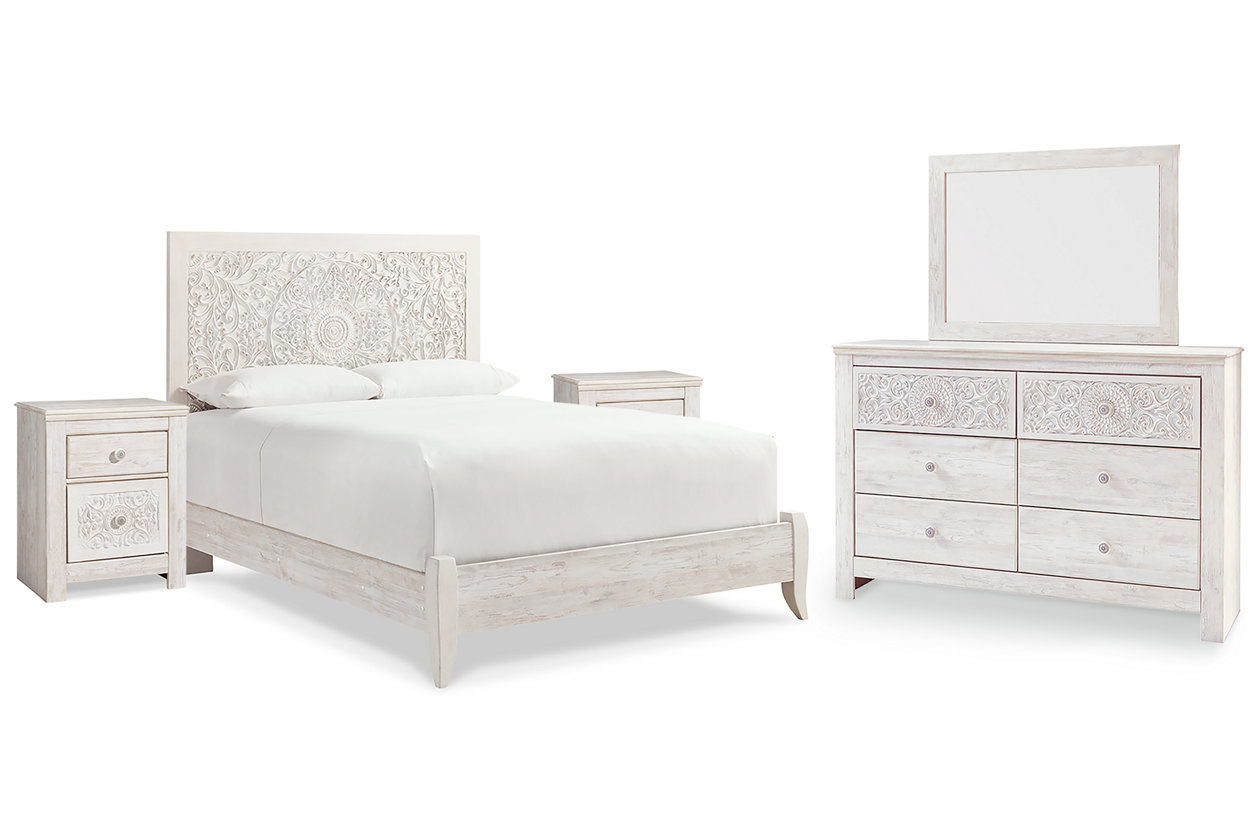 Paxberry Queen Panel Bed with Mirrored Dresser and 2 Nightstands