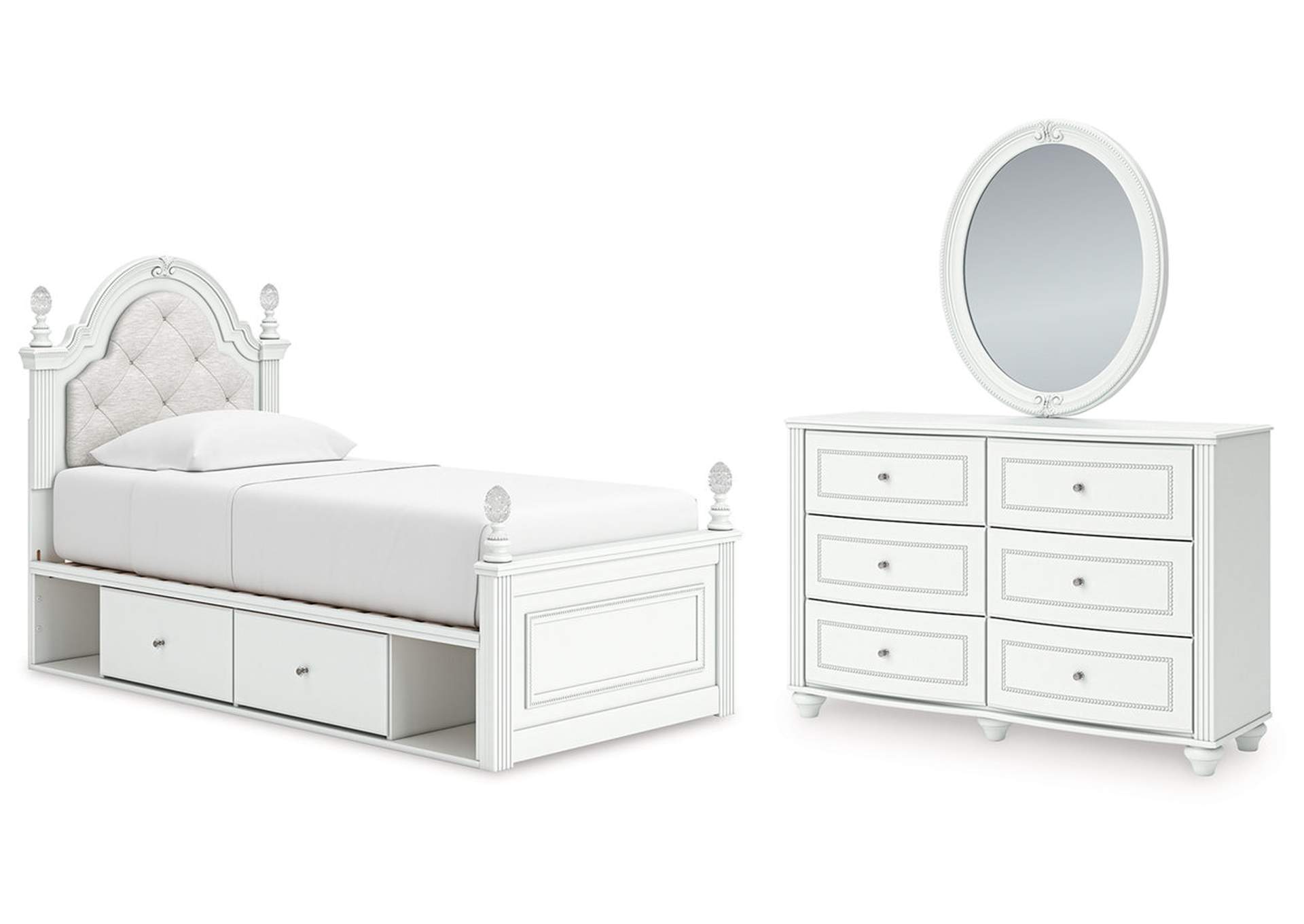 Maylilly Twin Upholstered Panel Storage Bed, Dresser and Mirror image 1