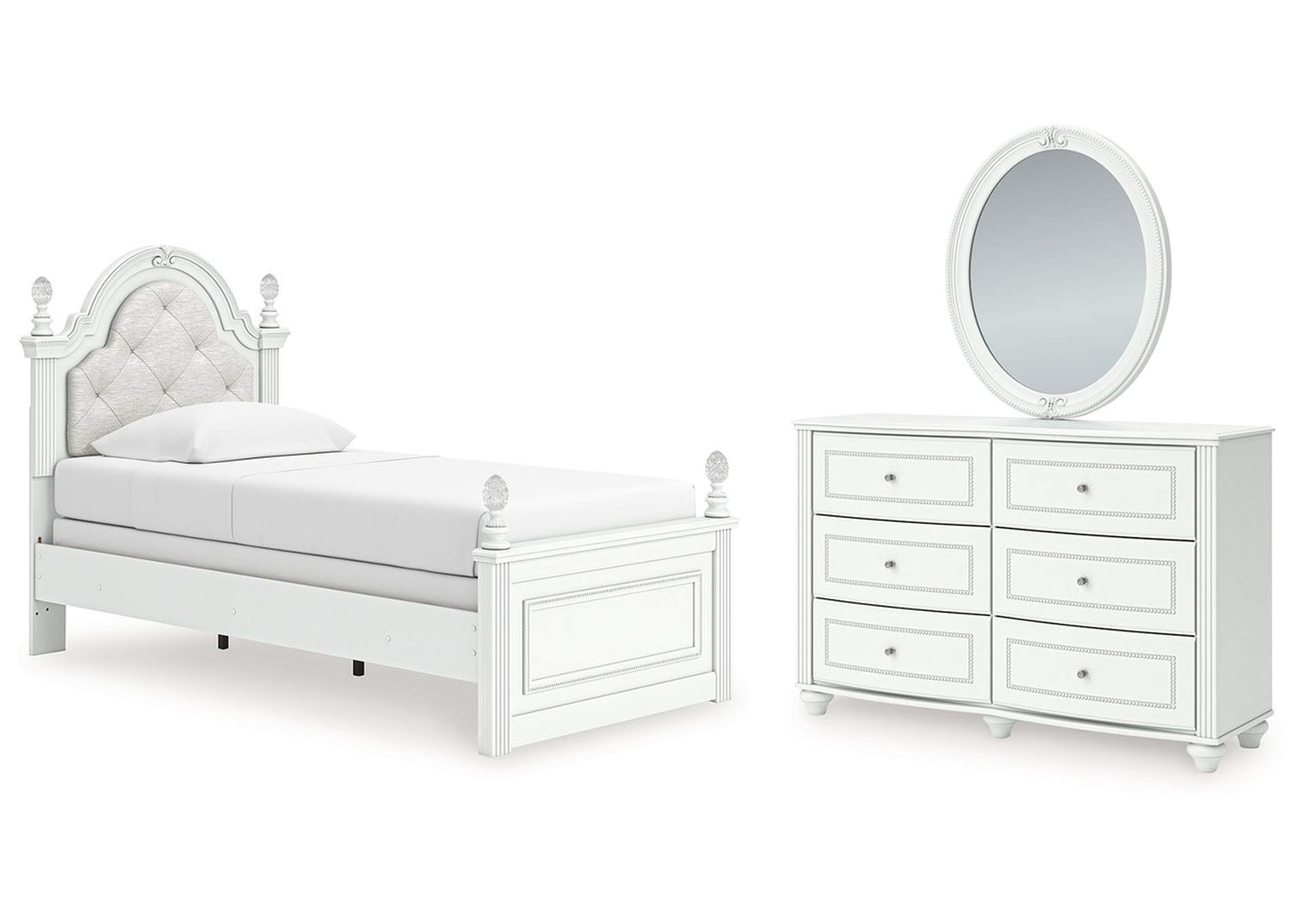 Maylilly Twin Upholstered Panel Bed, Dresser and Mirror image 1