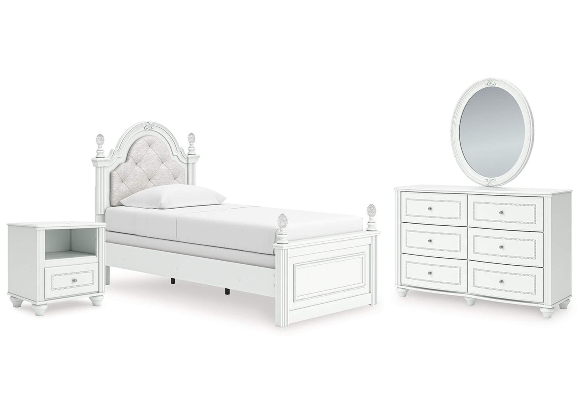 Maylilly Twin Upholstered Panel Bed, Dresser, Mirror and Nightstand image 1