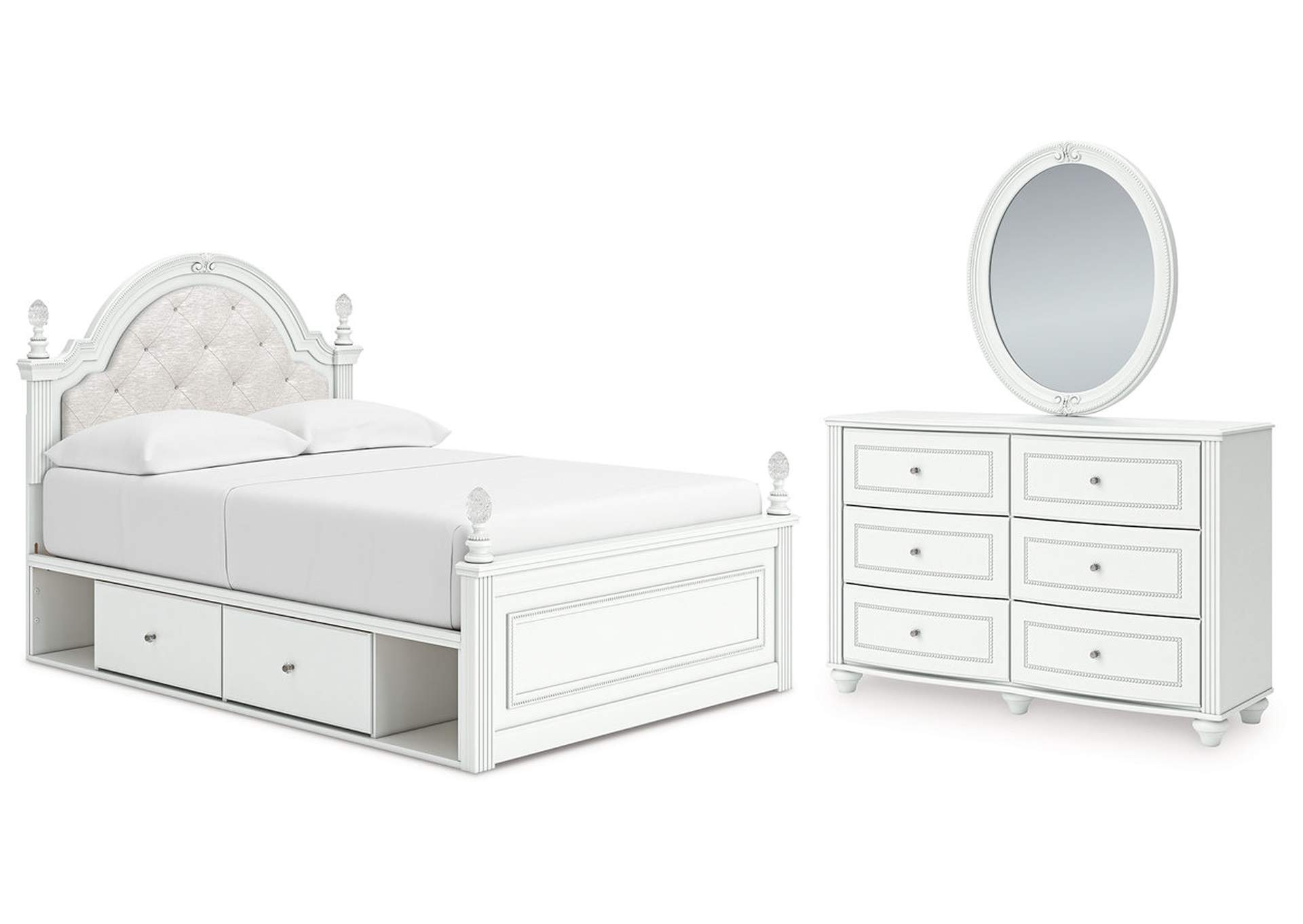 Maylilly Full Upholstered Panel Storage Bed, Dresser and Mirror image 1