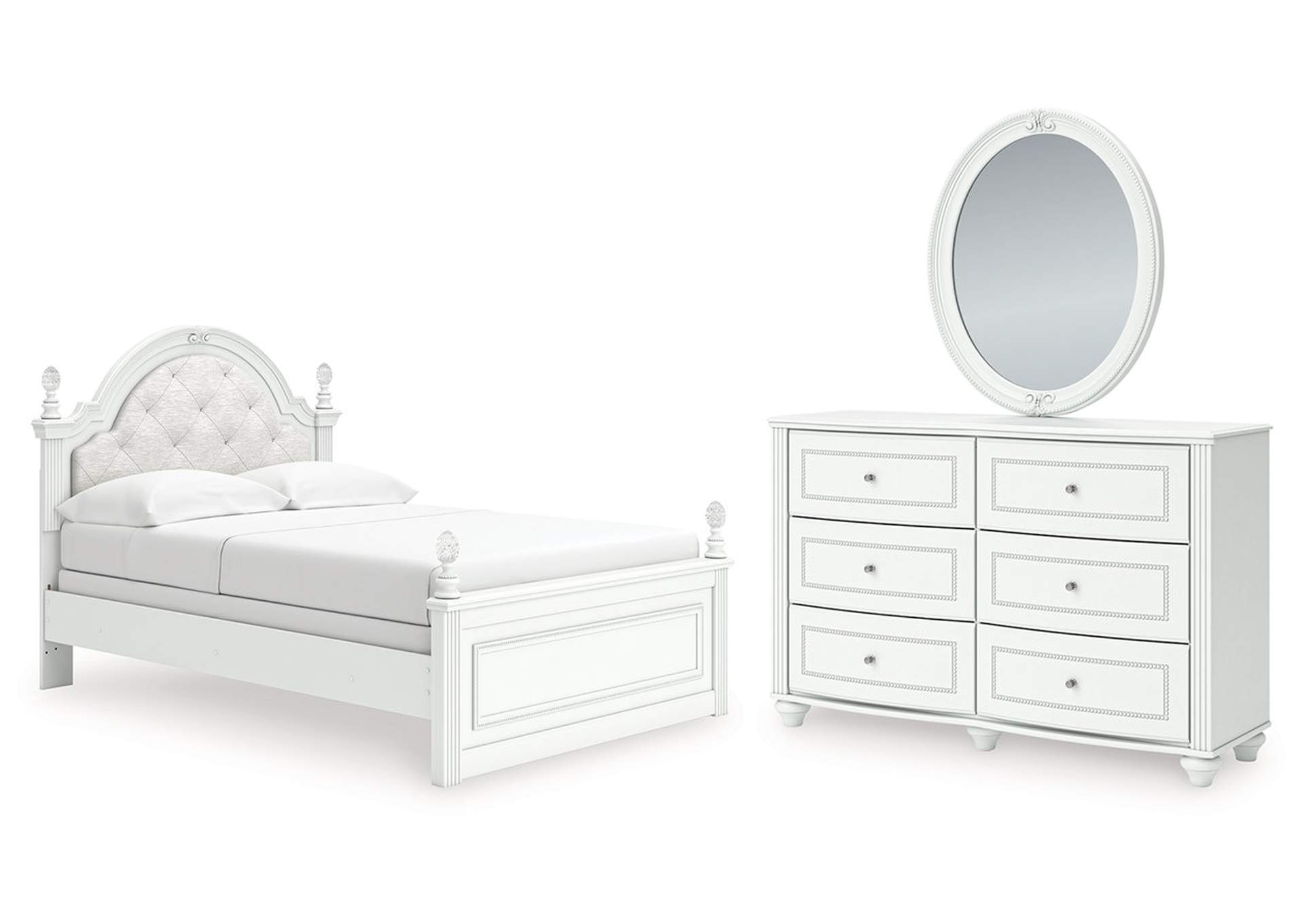 Maylilly Full Upholstered Panel Bed, Dresser and Mirror image 1