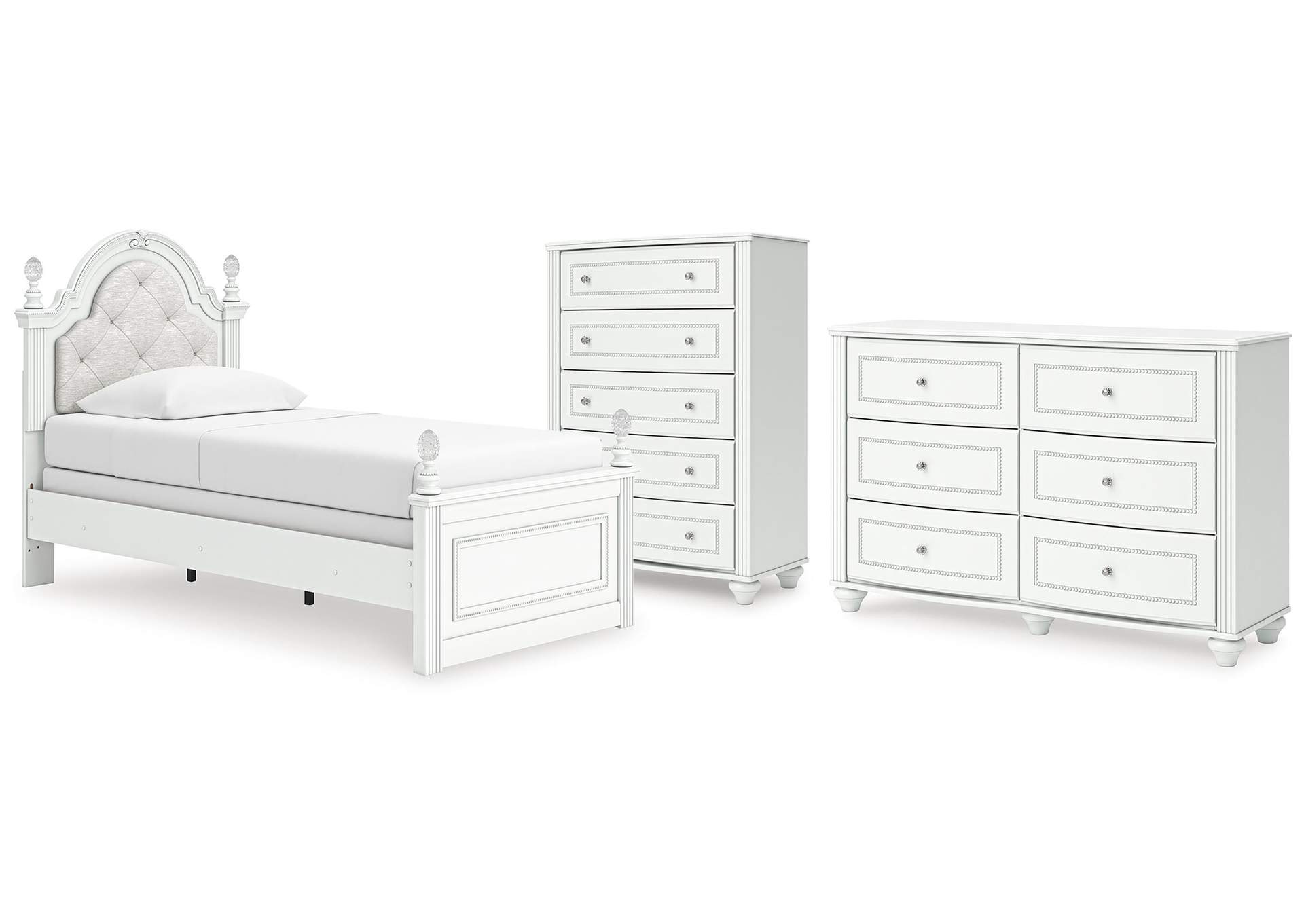 Maylilly Twin Upholstered Panel Bed, Dresser and Chest image 1