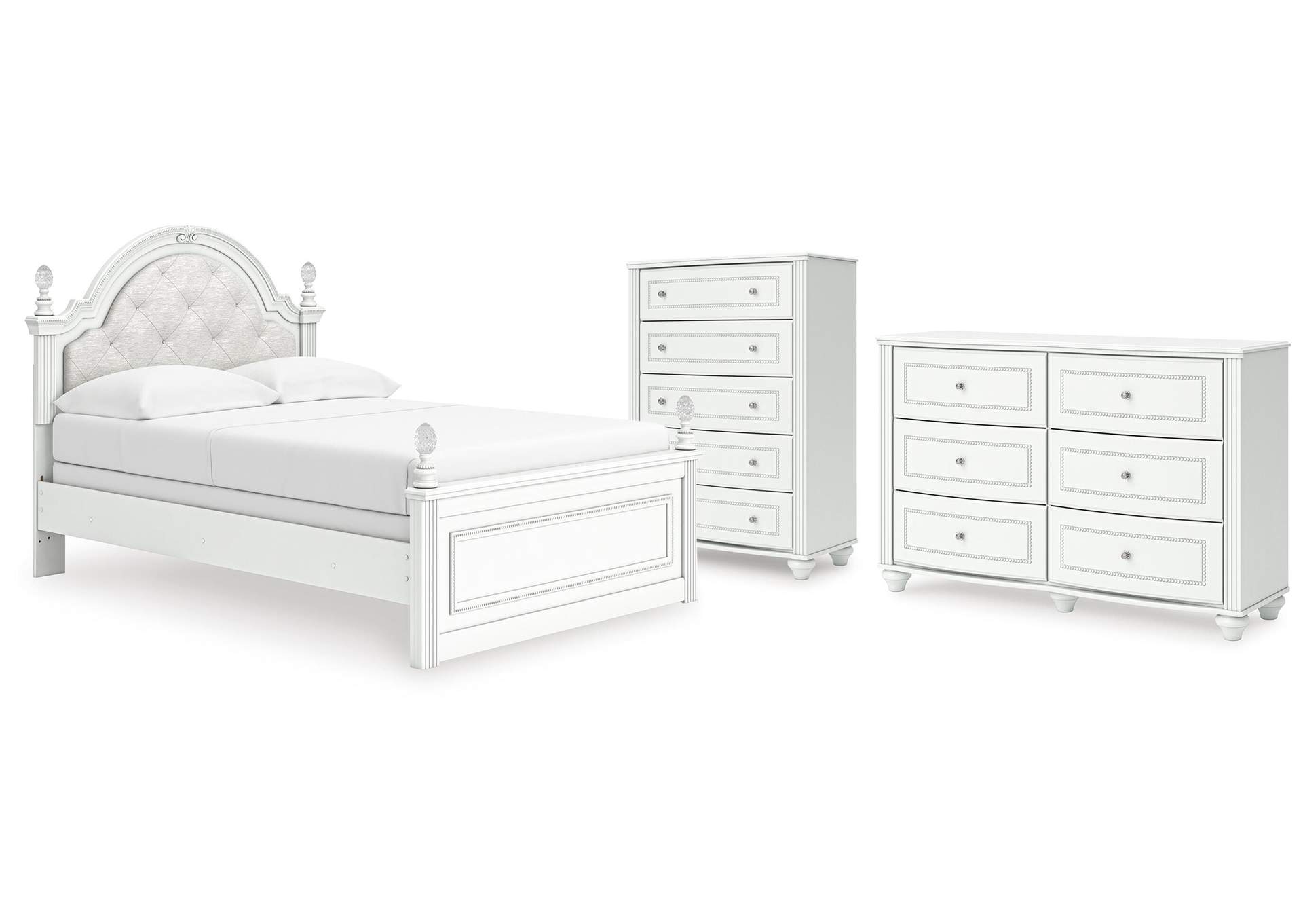 Maylilly Full Upholstered Panel Bed, Dresser and Chest image 1