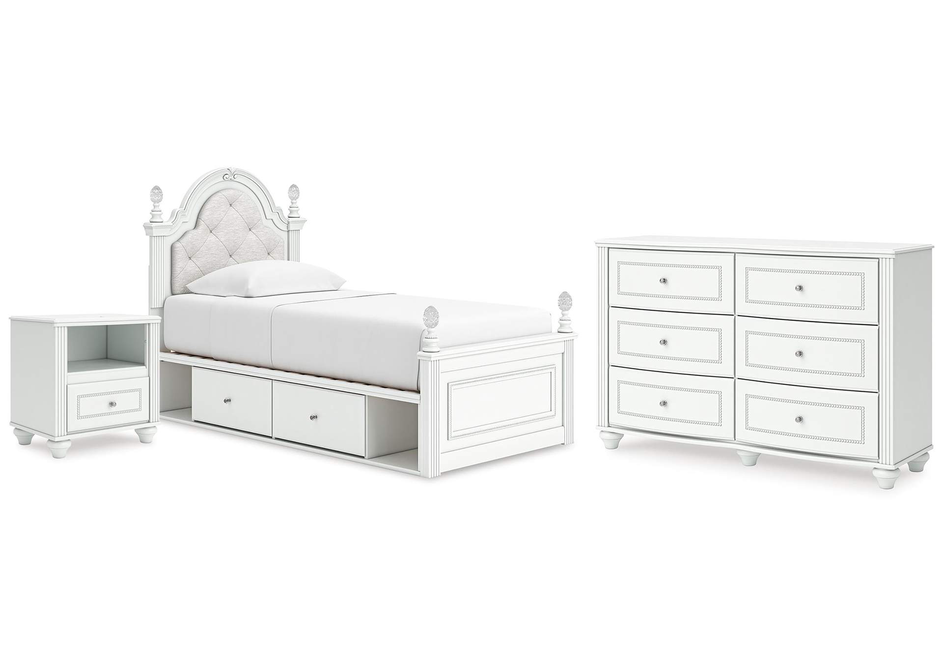 Maylilly Twin Upholstered Panel Storage Bed, Dresser and Nightstand image 1