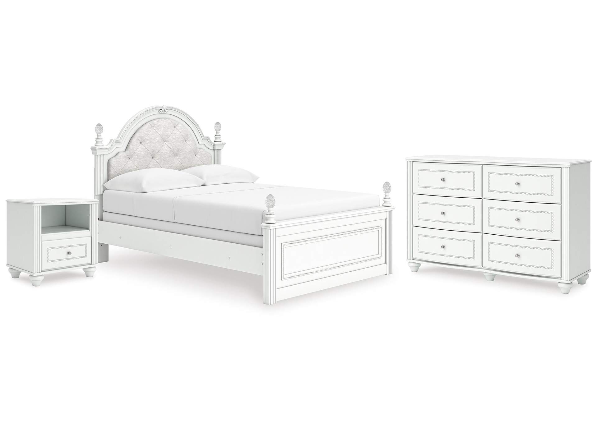 Maylilly Full Upholstered Panel Bed, Dresser and Nightstand image 1