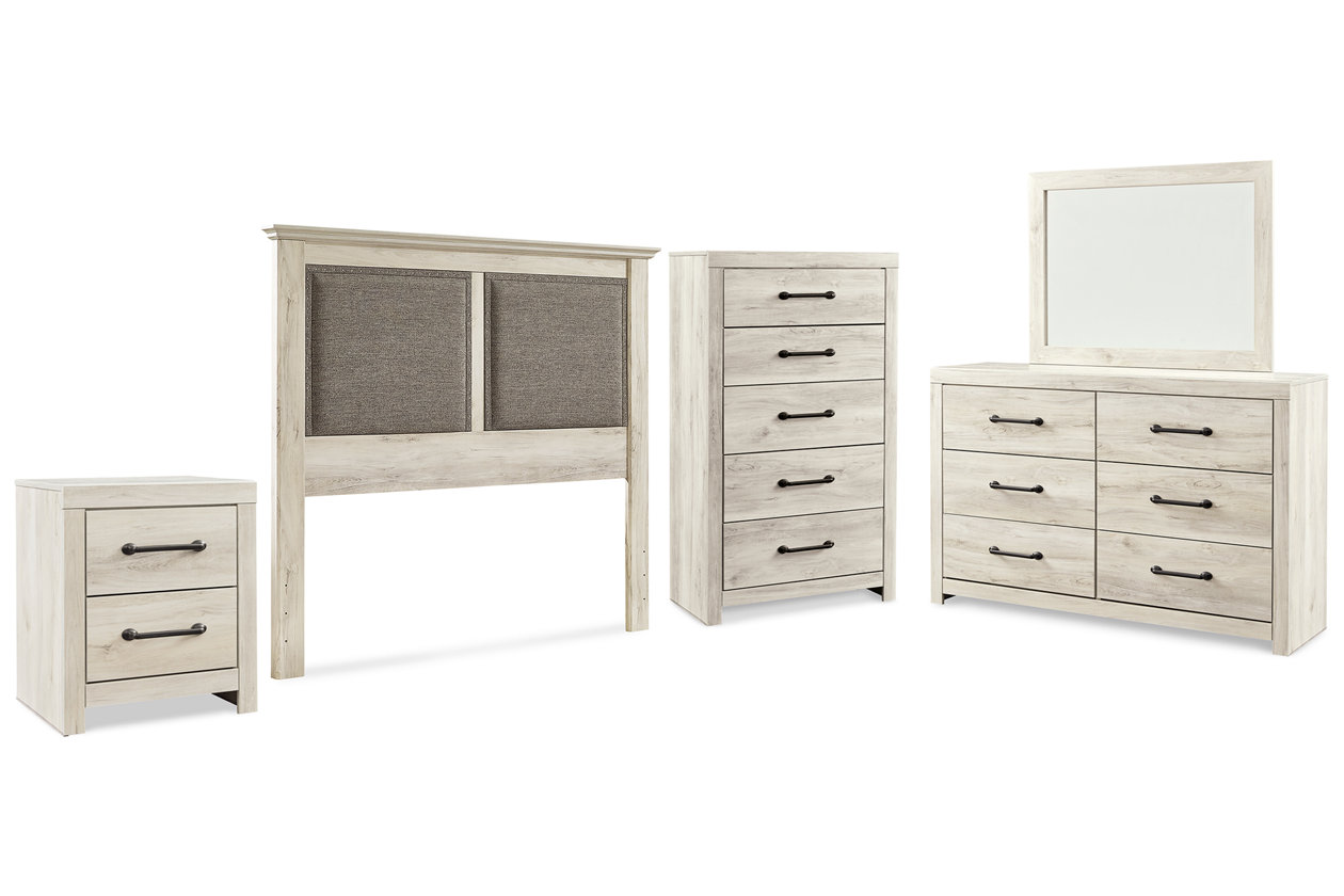 Cambeck King/California King Upholstered Panel Headboard with Mirrored Dresser, Chest and Nightstand