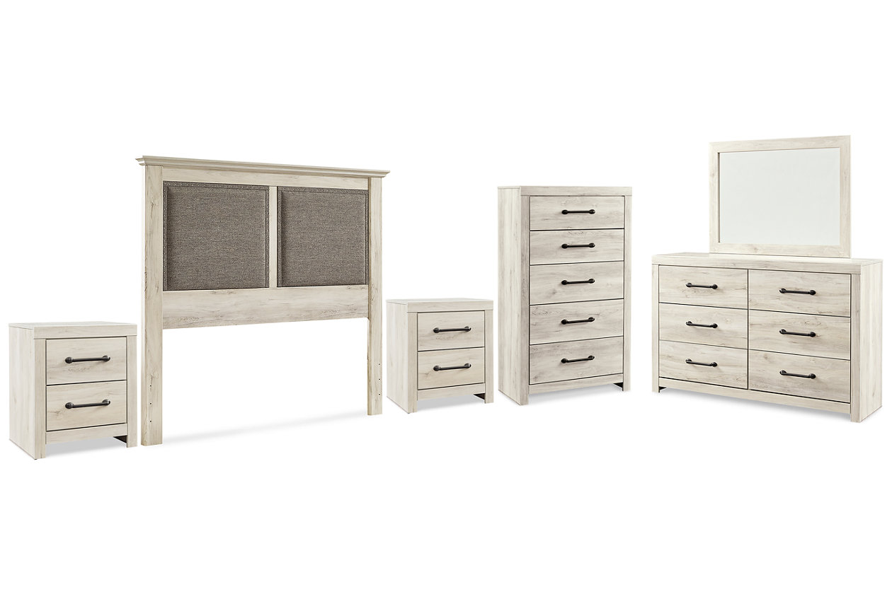 Cambeck King/California King Upholstered Panel Headboard with Mirrored Dresser, Chest and 2 Nightstands