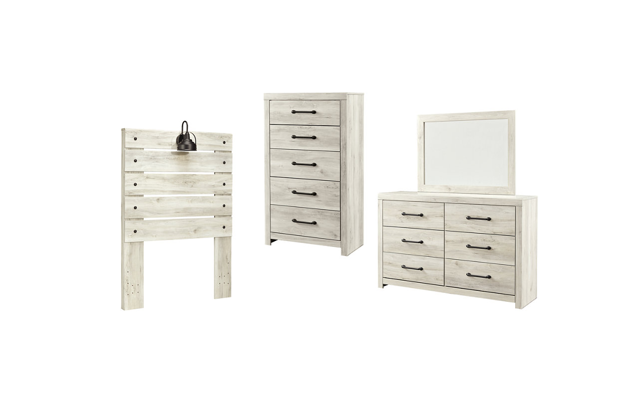 Cambeck Twin Panel Headboard Bed with Mirrored Dresser and Chest
