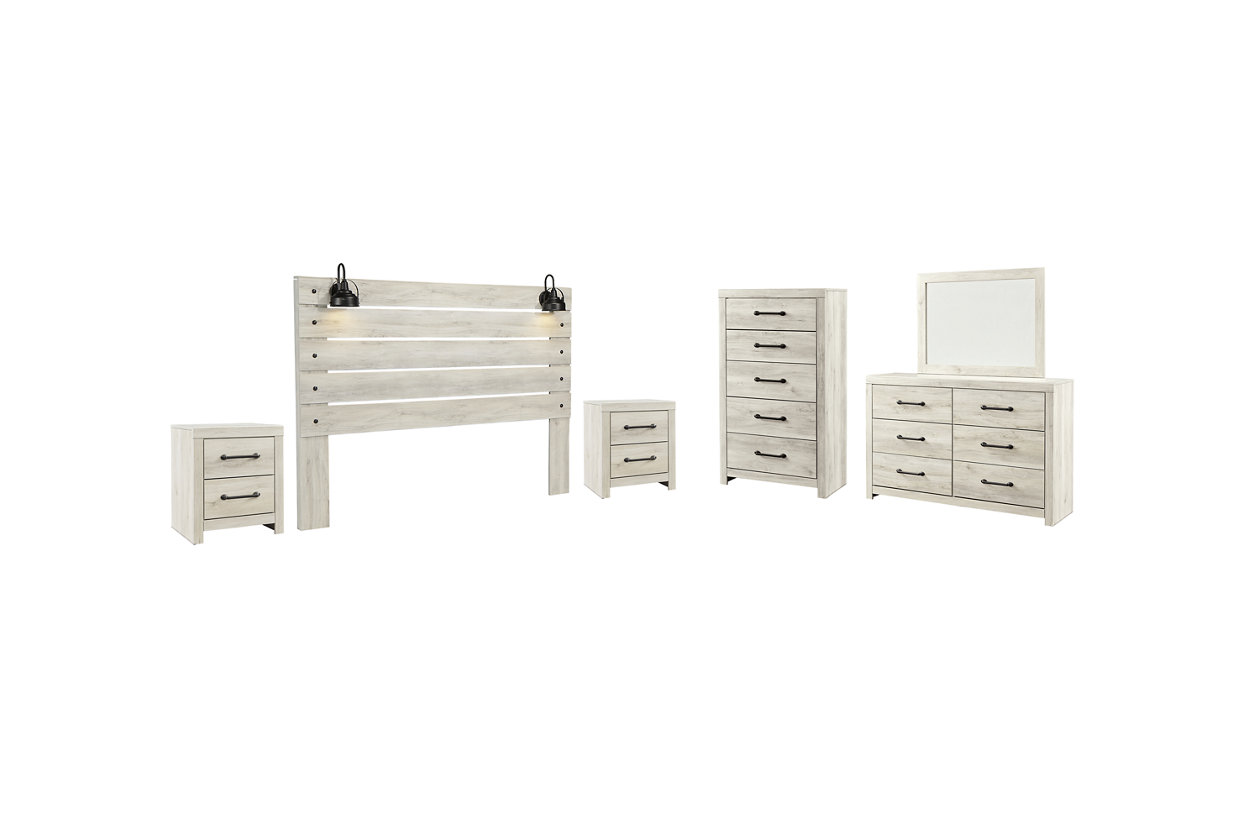 Cambeck King Panel Headboard Bed with Mirrored Dresser, Chest and 2 Nightstands