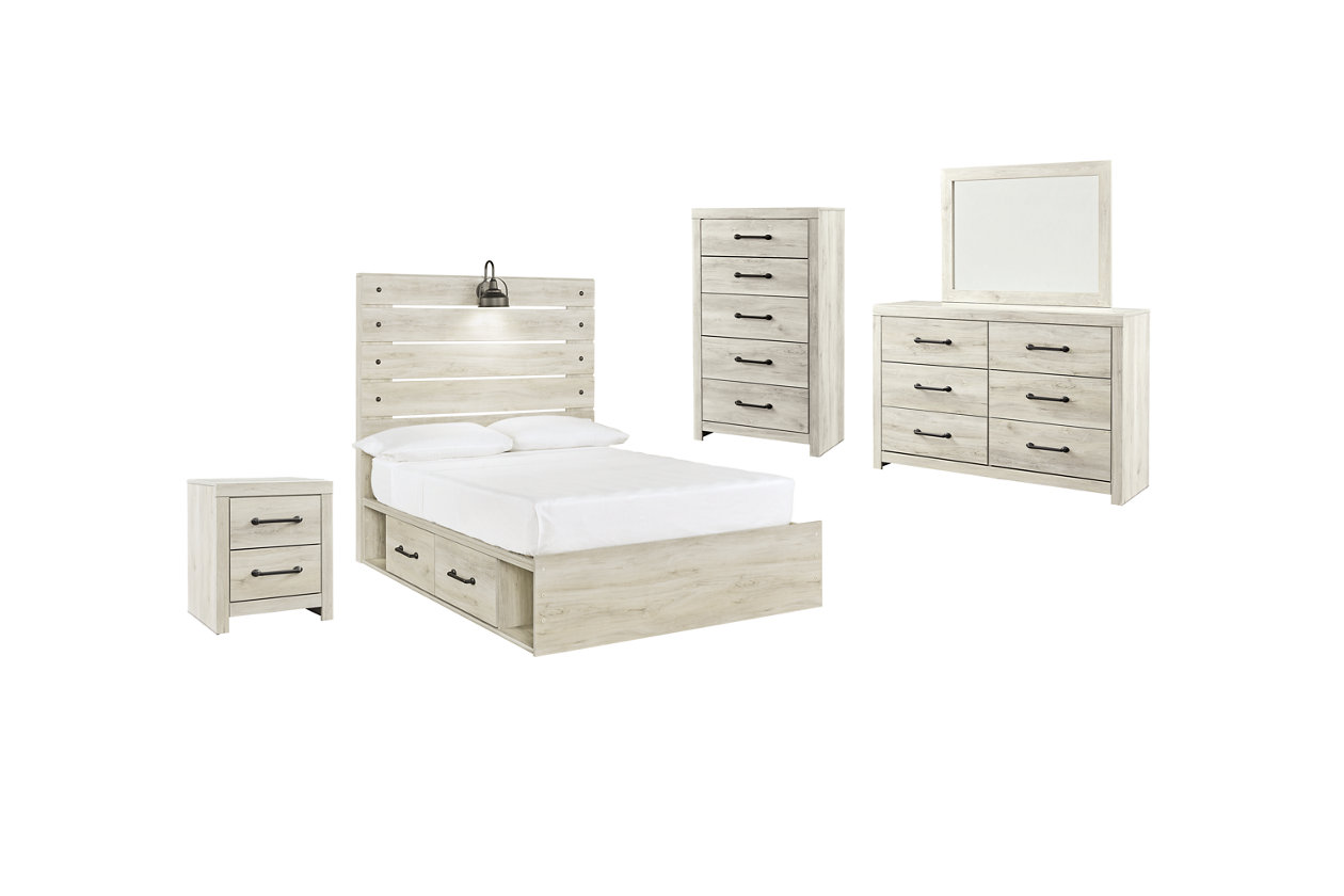 Cambeck Full Panel Bed with 2 Storage Drawers with Mirrored Dresser, Chest and Nightstand