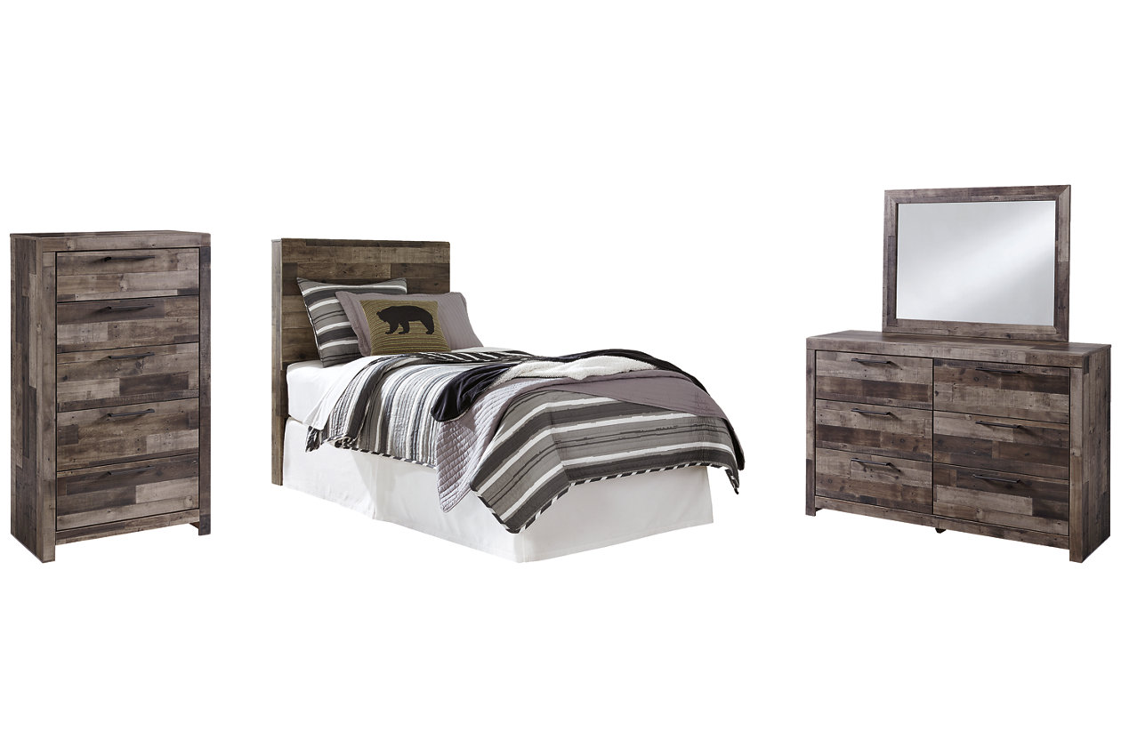 Derekson Twin Panel Headboard Bed with Mirrored Dresser and Chest