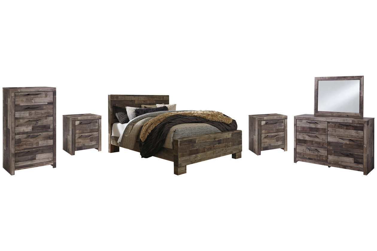 Derekson Queen Panel Bed with Mirrored Dresser, Chest and 2 Nightstands