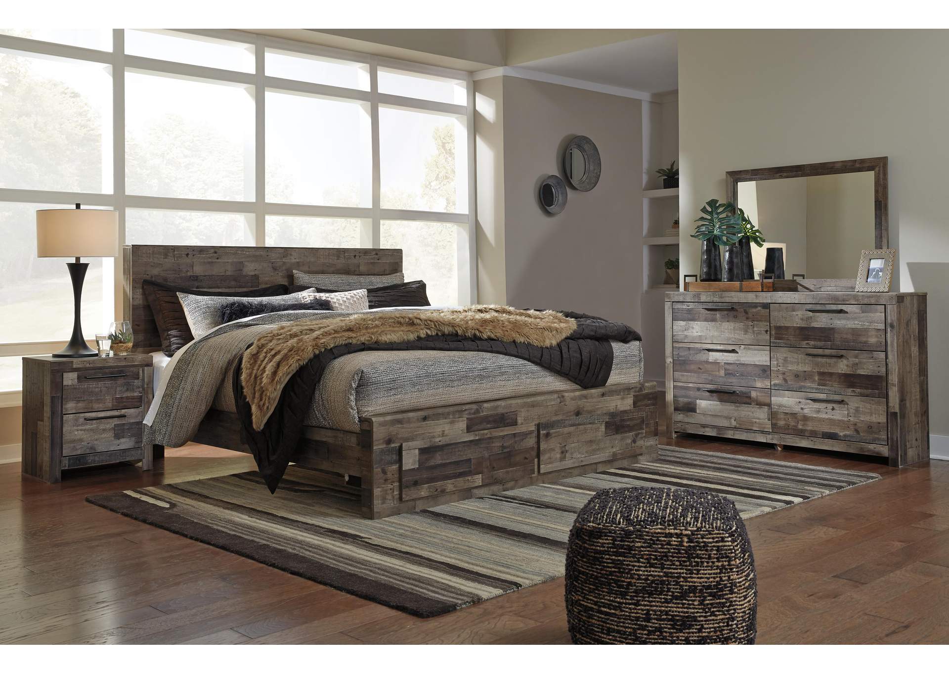 Derekson King Panel Bed with 2 Storage Drawers with Mirrored Dresser and Nightstand image 4