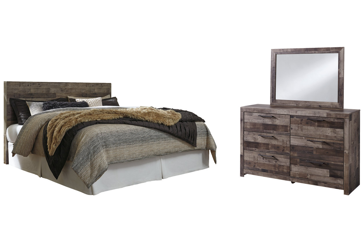 Derekson King Panel Headboard Bed with Mirrored Dresser