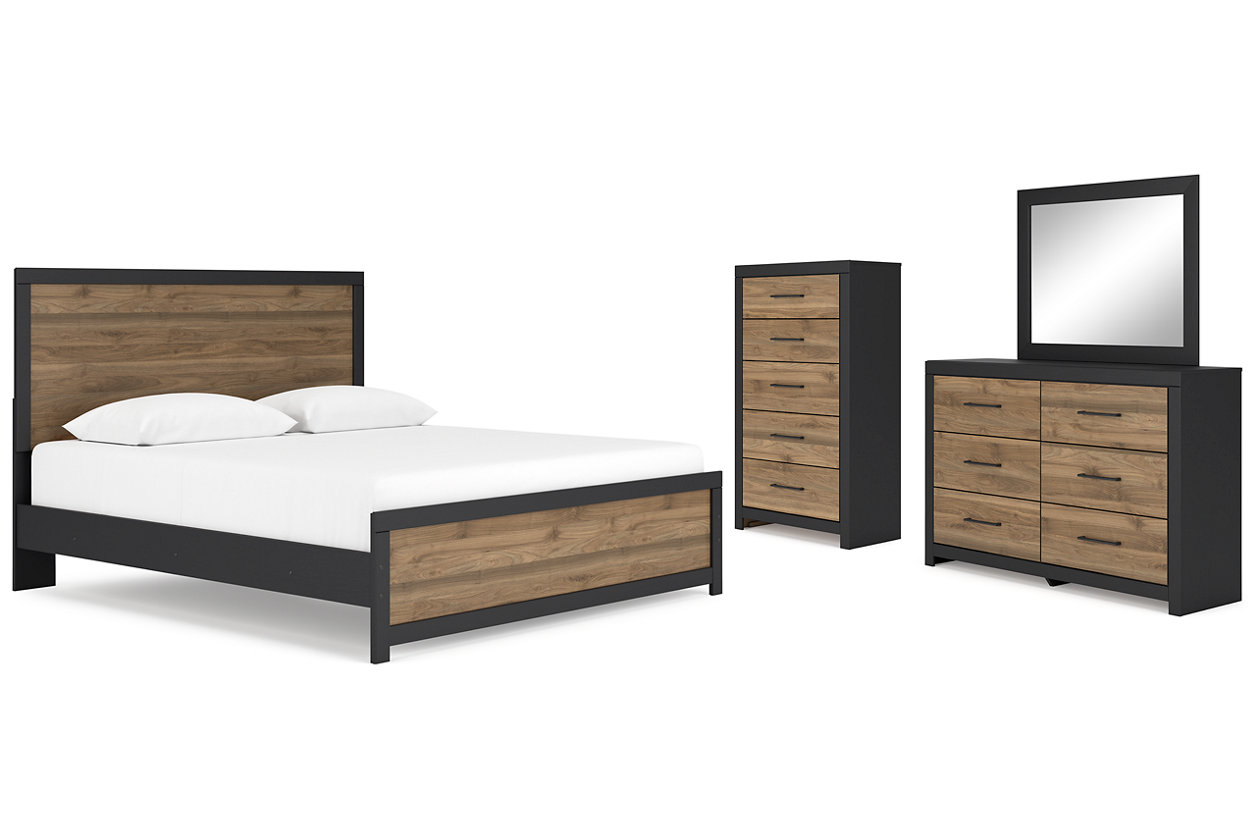 Vertani King Panel Bed with Mirrored Dresser and Chest