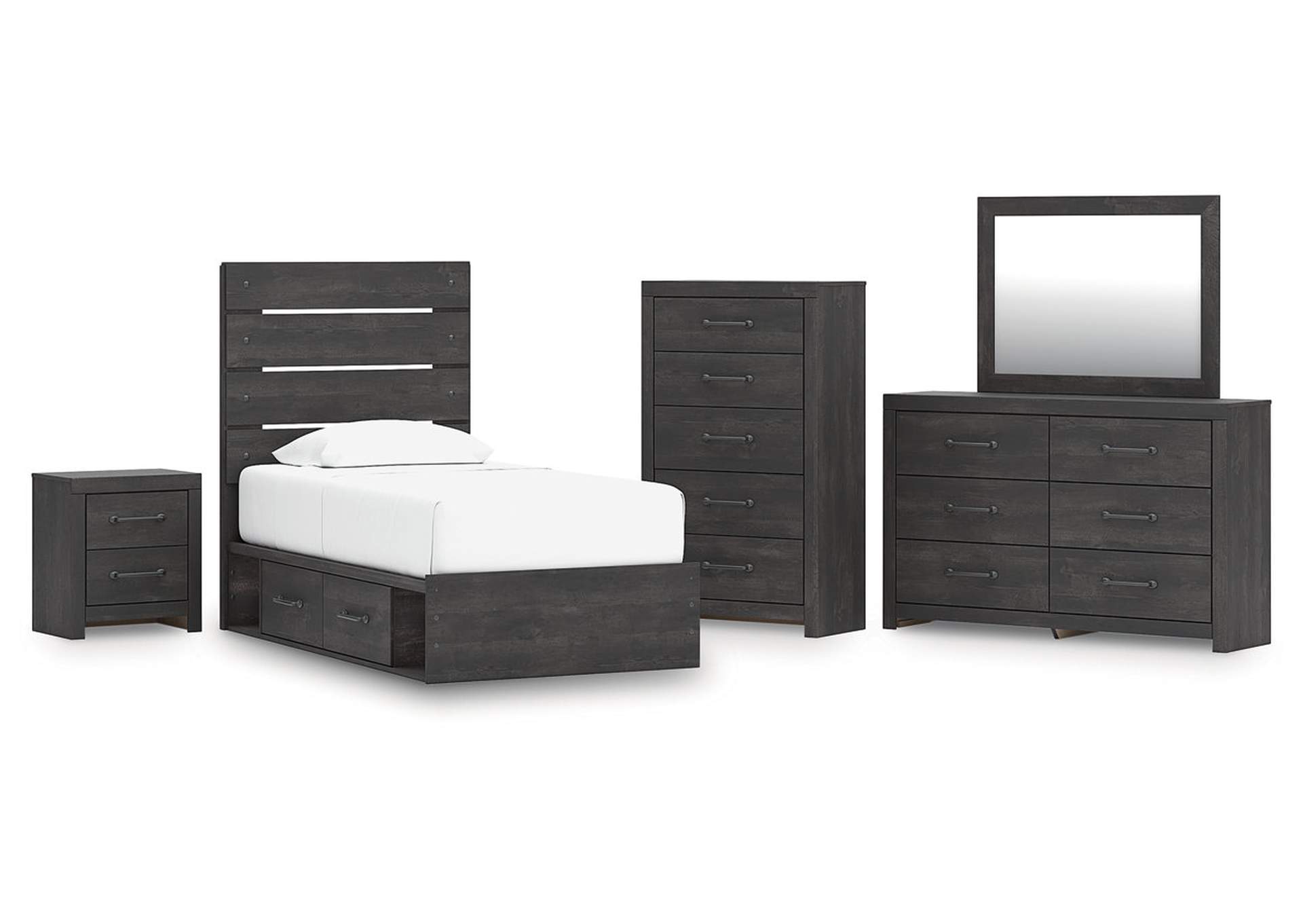 Delmorta Twin Panel Bed with Storage with Mirrored Dresser, Chest and Nightstand image 1