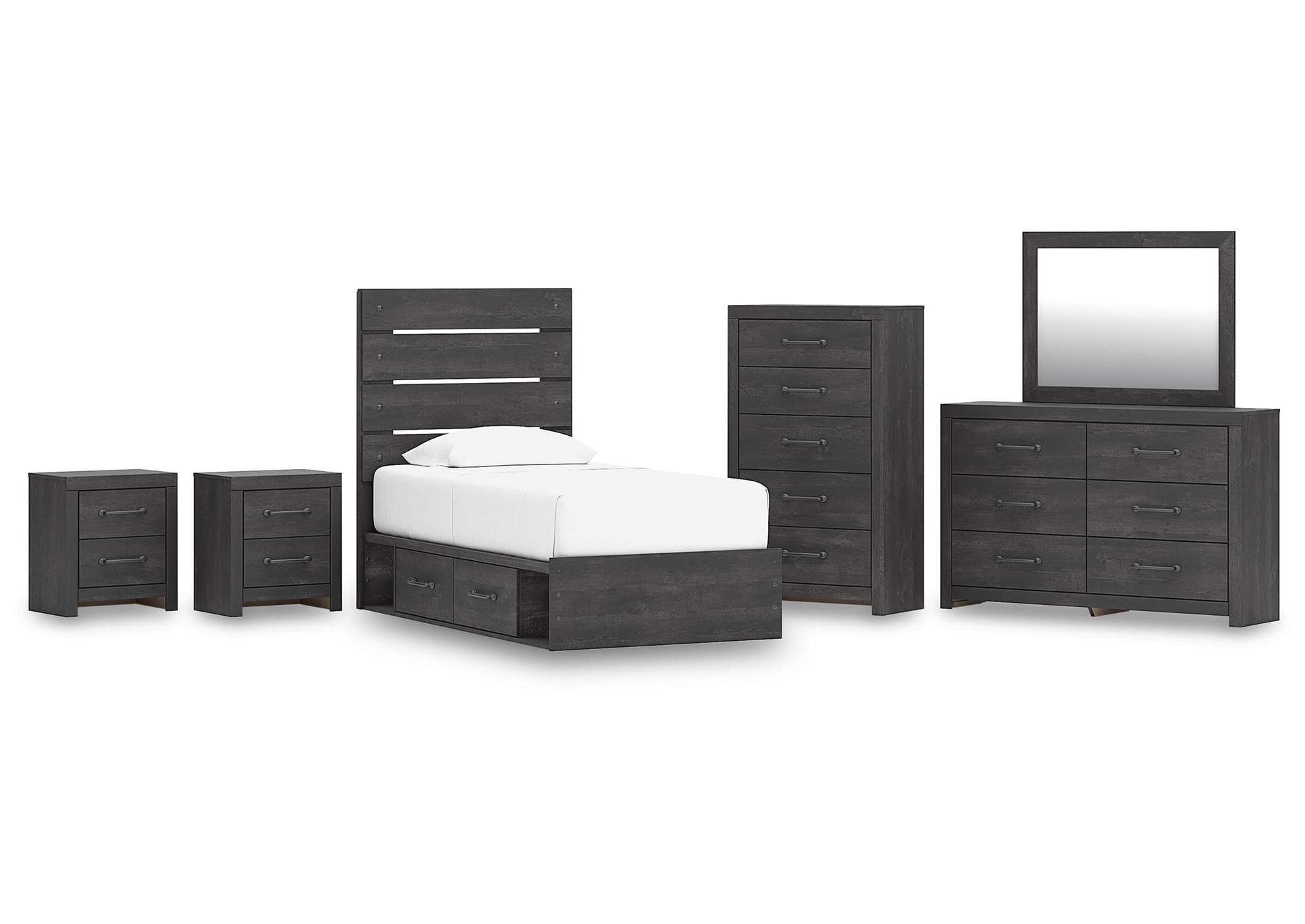 Delmorta Twin Panel Bed with Storage, Dresser, Mirror, Chest and 2 Nightstands image 1