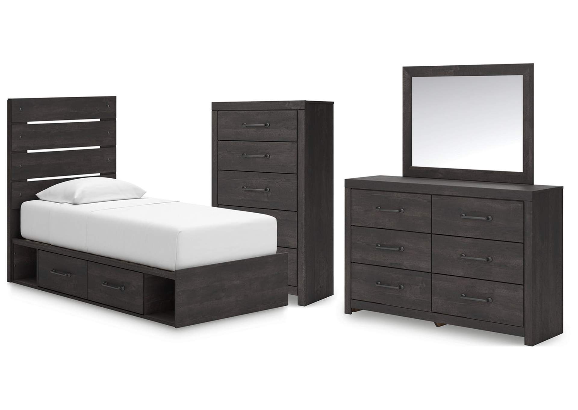 Delmorta Twin Panel Bed with Storage with Mirrored Dresser and Chest image 1