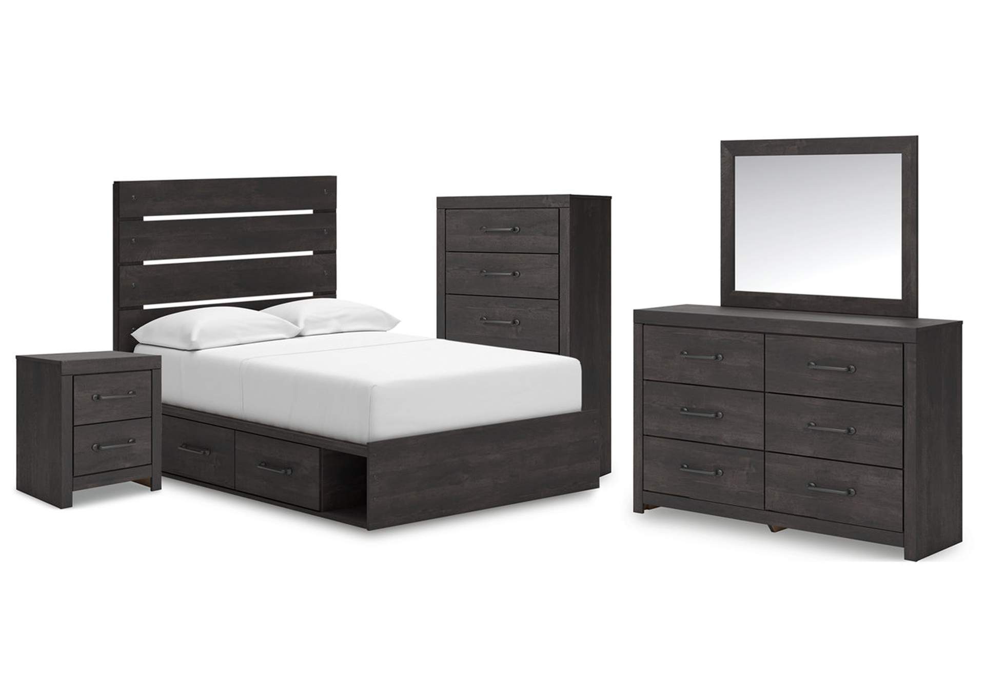 Delmorta Full Panel Bed with Storage with Mirrored Dresser, Chest and Nightstand image 1